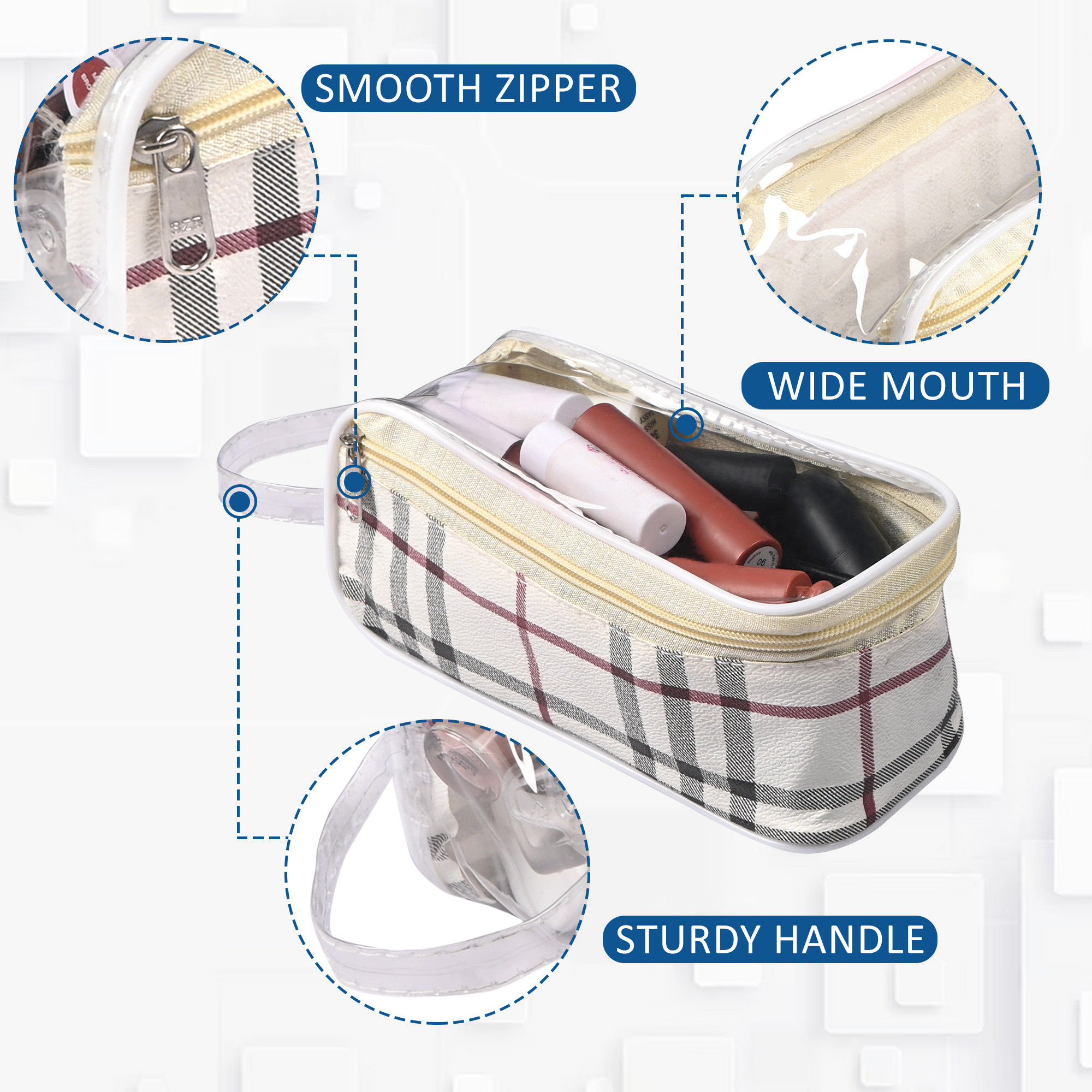 Kuber Industries 2 Pcs Set PVC Waterproof Travel Toiletry Bag for Man with Handle  Transparent Cosmetic  Makeup Organizer Pouch for Skincare  Shaving Kit  Check Print - Cream