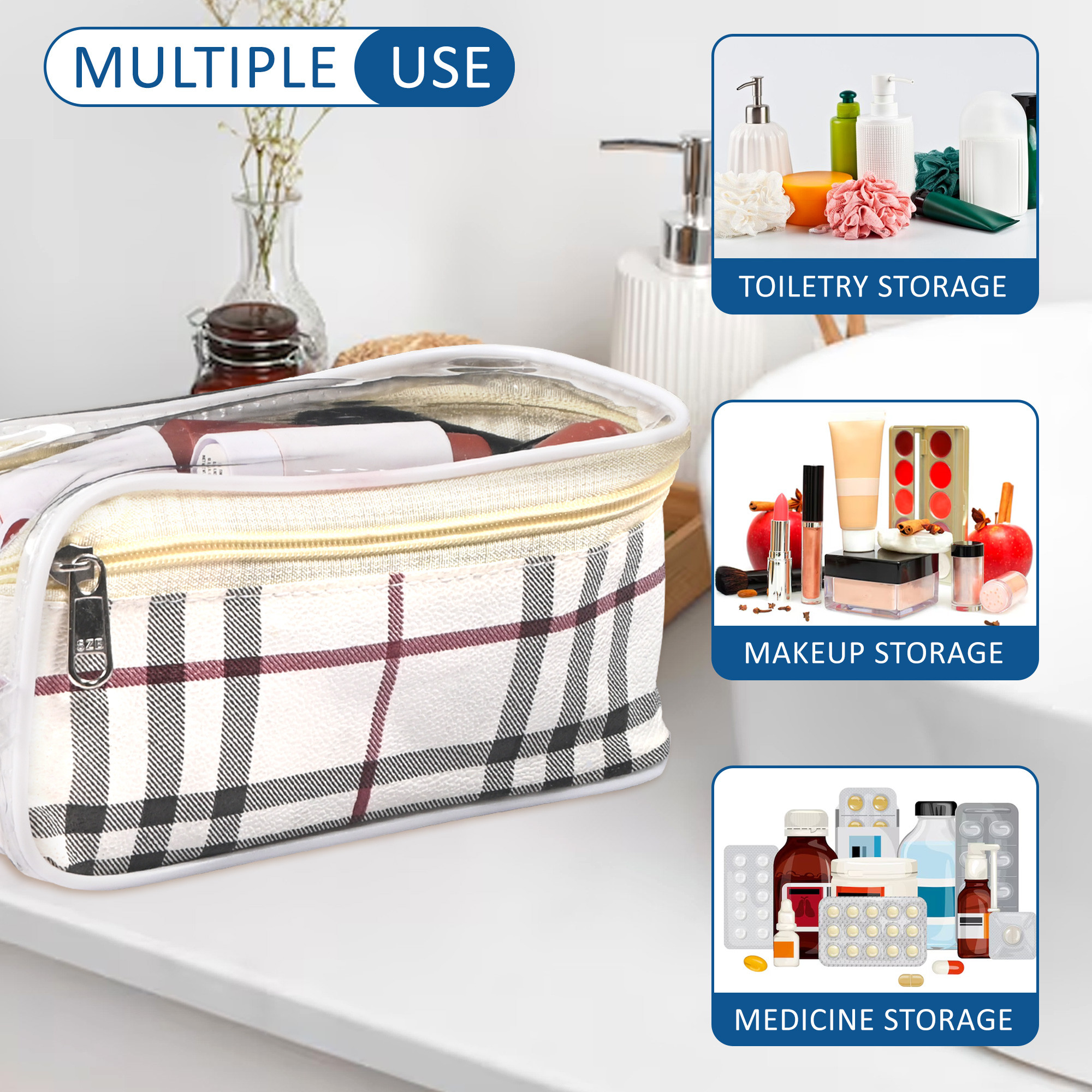 Kuber Industries 2 Pcs Set PVC Waterproof Travel Toiletry Bag for Man with Handle  Transparent Cosmetic  Makeup Organizer Pouch for Skincare  Shaving Kit  Check Print - Cream