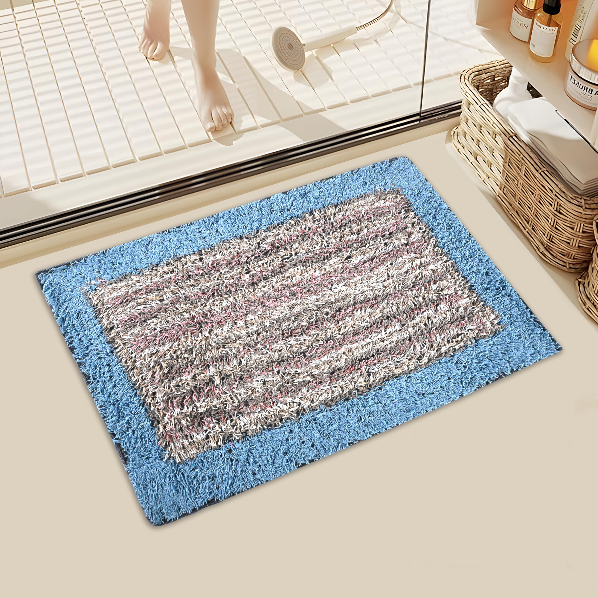 Kuber Industries 2 Pcs Soft Bathroom Door Mats  16x24 Inch Water Soaking Paydan  Footmats for Home  Cotton Fur Floor Mats  Shower Mats for Washroom  Sky Blue - Multi Lining