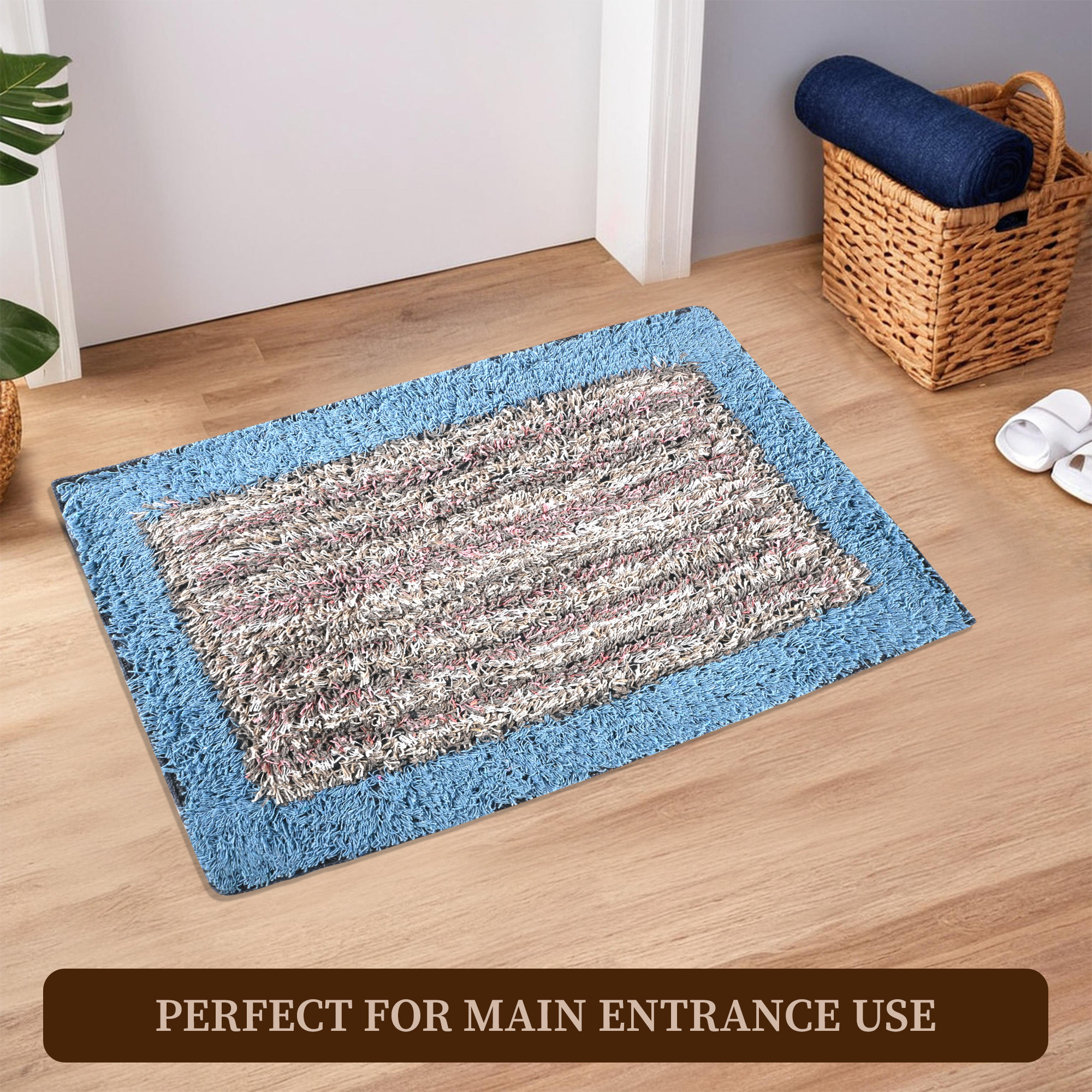 Kuber Industries 2 Pcs Soft Bathroom Door Mats  16x24 Inch Water Soaking Paydan  Footmats for Home  Cotton Fur Floor Mats  Shower Mats for Washroom  Sky Blue - Multi Lining