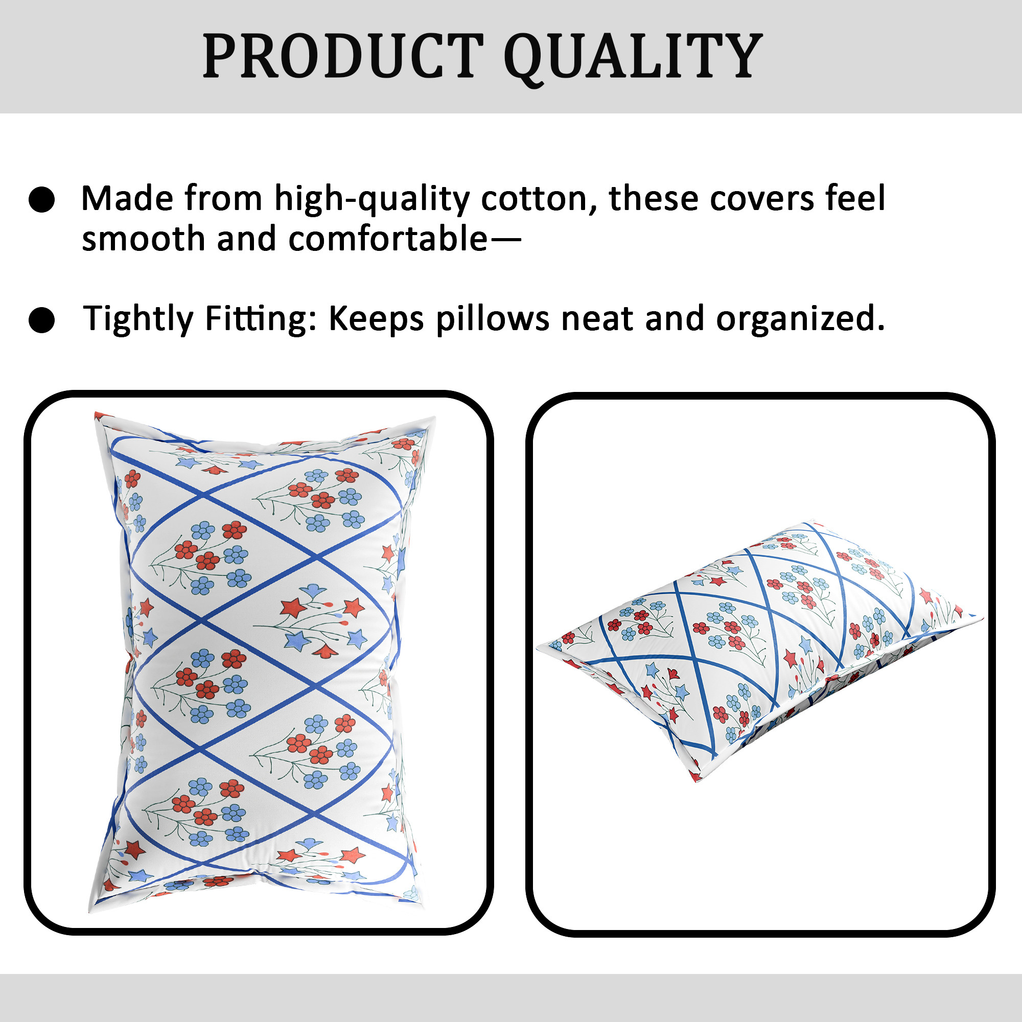 Kuber Industries 2 Pcs Soft Cotton Pillows Cover  20x30 Inches Machine Washable TakiyaPillow Case For Hotel  Restaurant  Breathable Envelope Closure  Flower Katli- White  Blue