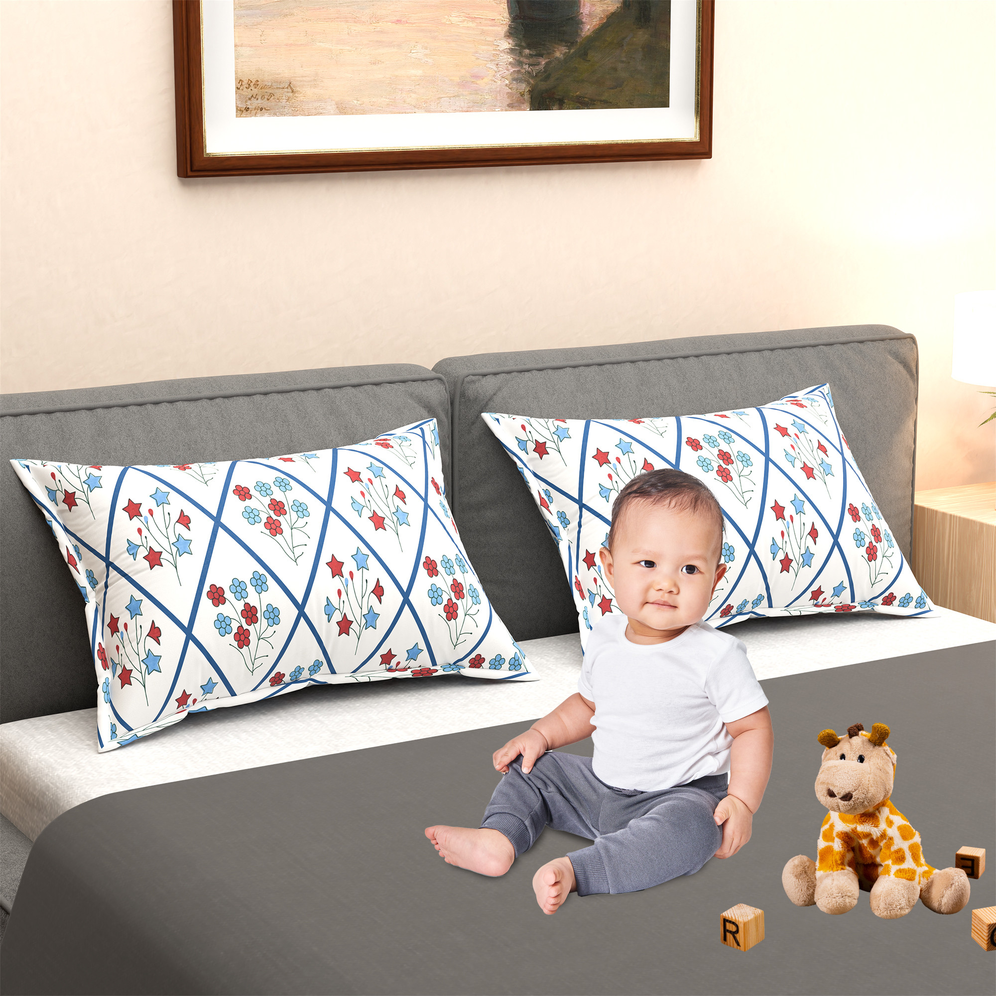 Kuber Industries 2 Pcs Soft Cotton Pillows Cover  20x30 Inches Machine Washable TakiyaPillow Case For Hotel  Restaurant  Breathable Envelope Closure  Flower Katli- White  Blue