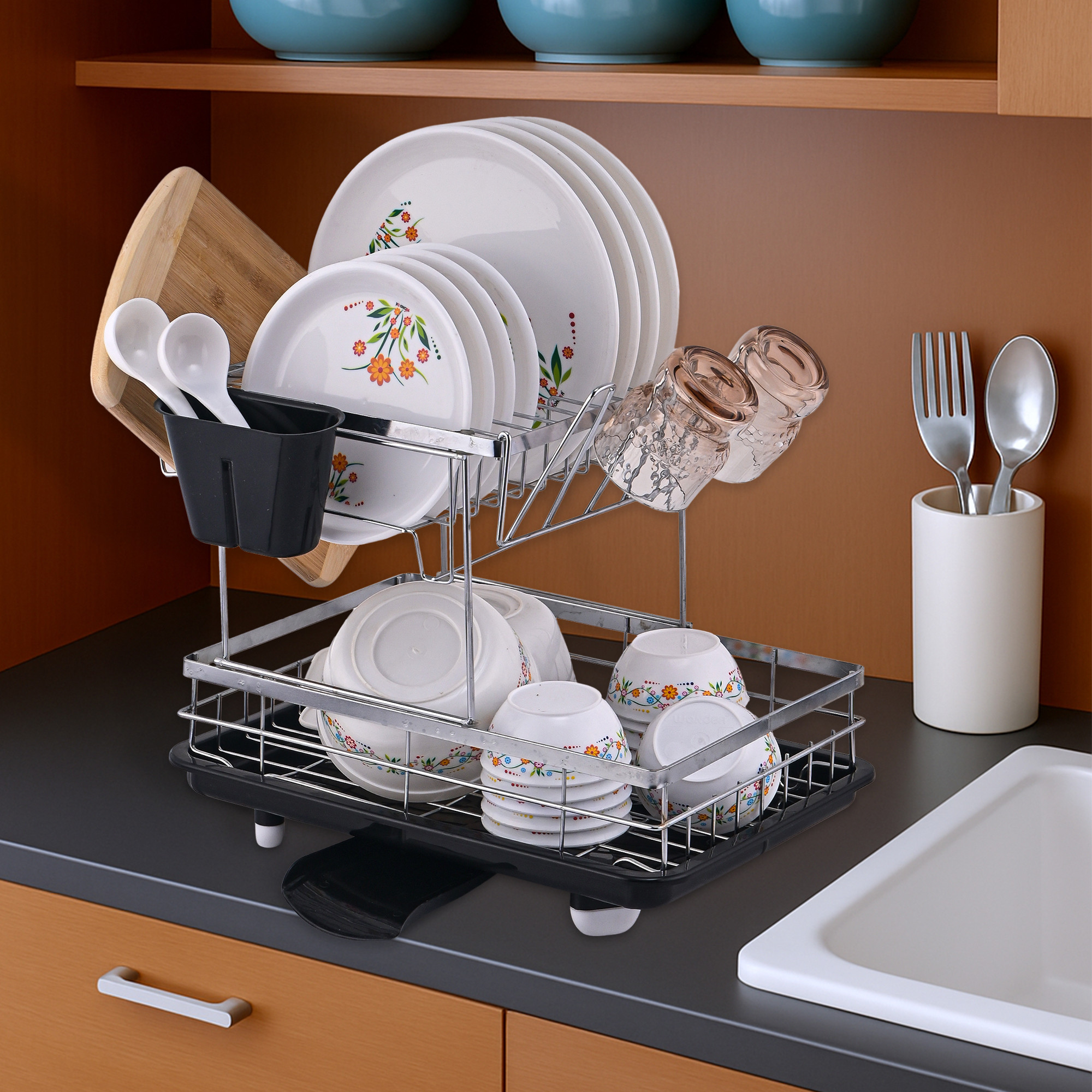 Kuber Industries 2 Pcs Stainless Steel 2-Tier Kitchen Dish Drainer Rack with Removable Drain Board  Dishwash Organizer  Drying Rack with Drainer Tray  VesselBartan Stand for Sink  Black