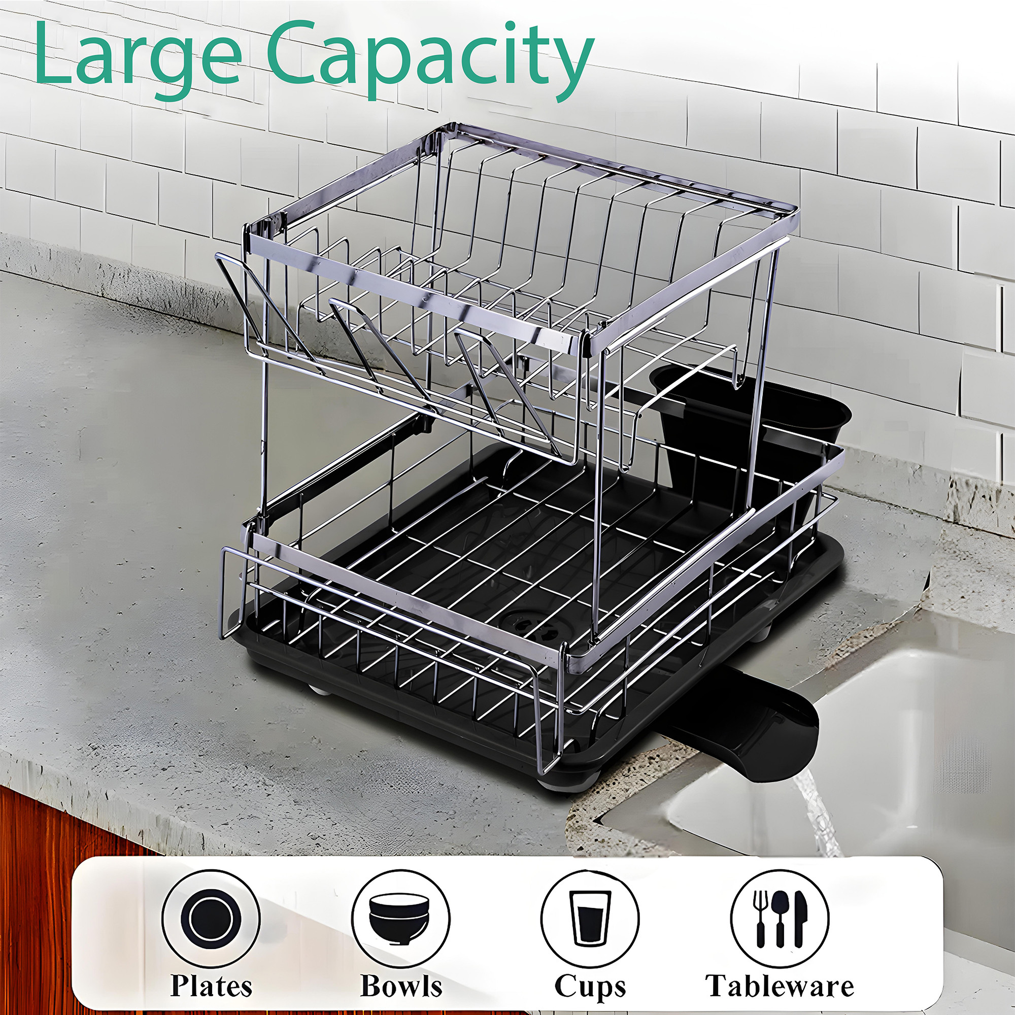 Kuber Industries 2 Pcs Stainless Steel 2-Tier Kitchen Dish Drainer Rack with Removable Drain Board  Dishwash Organizer  Drying Rack with Drainer Tray  VesselBartan Stand for Sink  Black