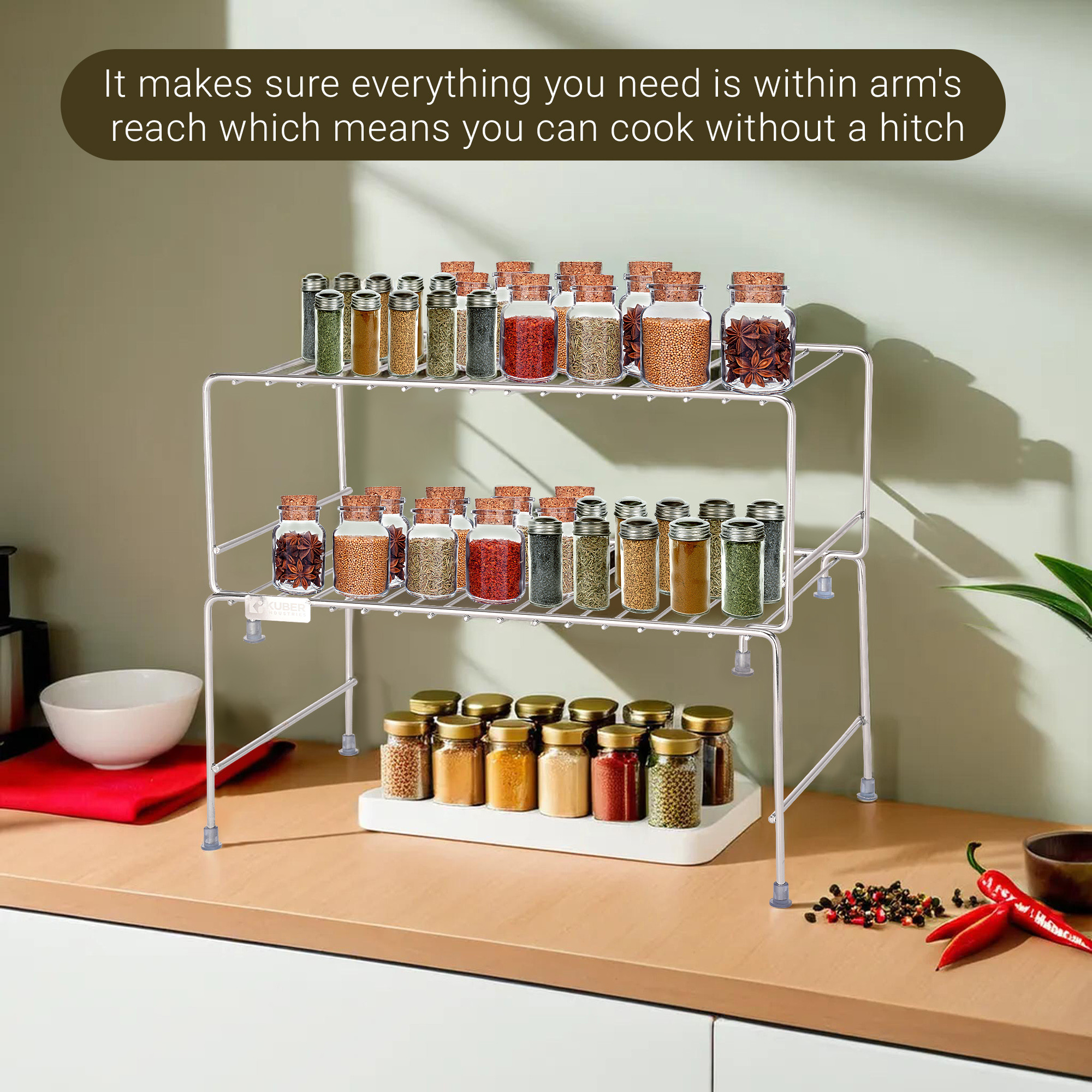 Kuber Industries 2 Pcs Stainless Steel Kitchen Storage Rack - Oil Masala  Spice Stand Tray - Kitchen Counter Top Shelf Organizer - Silver