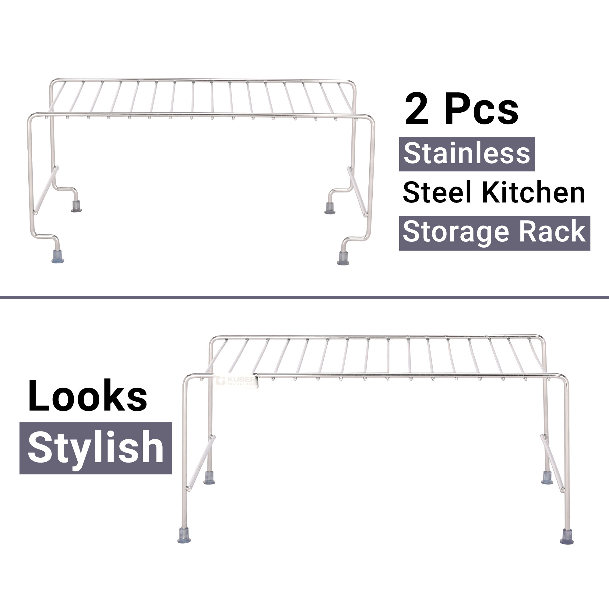 Kuber Industries 2 Pcs Stainless Steel Kitchen Storage Rack - Oil Masala  Spice Stand Tray - Kitchen Counter Top Shelf Organizer - Silver