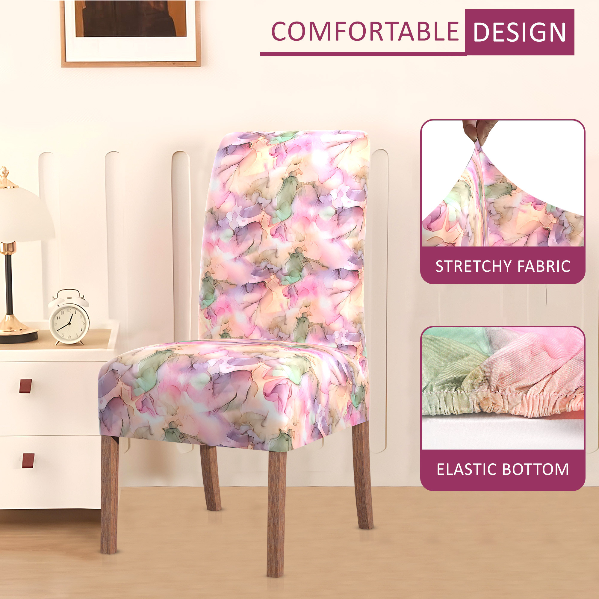 Kuber Industries 2 Pcs Stretchable Tea Table Chair Cover  Easy To Install  Machine Washable Chair Protector Seat Slipcover For Kitchen  Living Room  Multi Flower Print - Pink