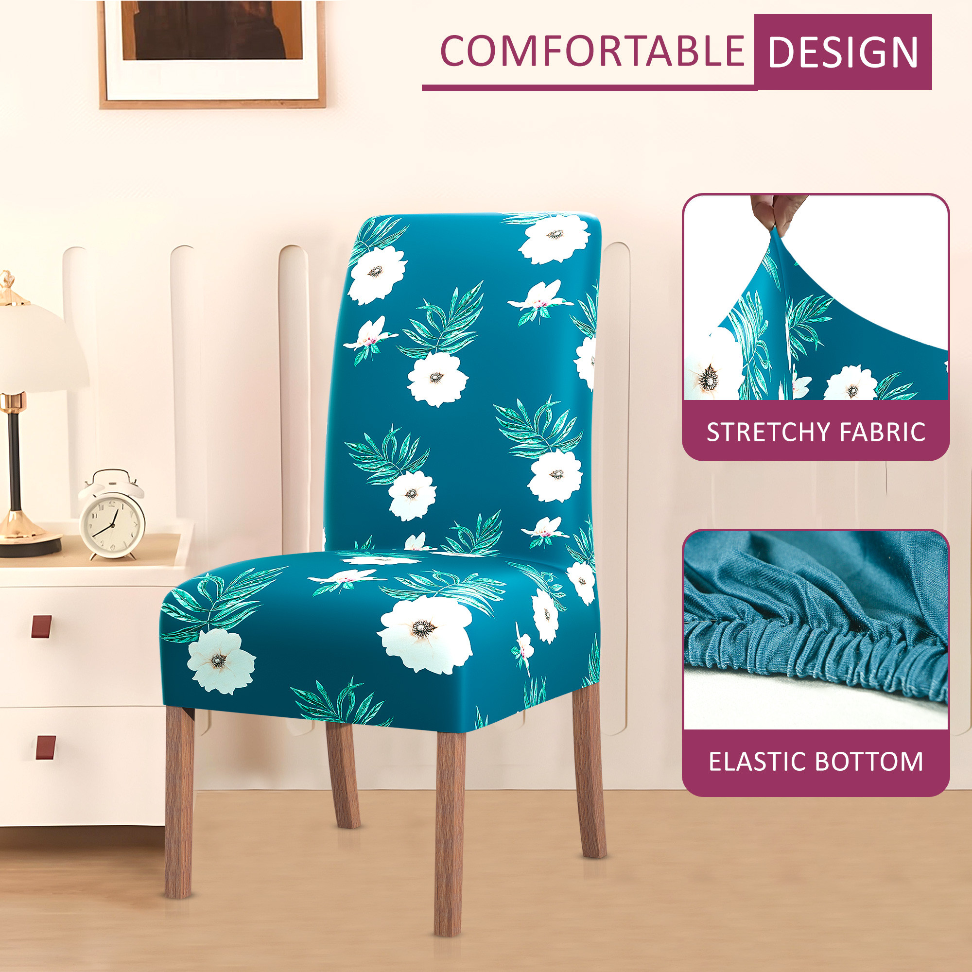 Kuber Industries 2 Pcs Stretchable Tea Table Chair Cover  Easy To Install  Machine Washable Chair Protector Seat Slipcover For Kitchen  Living Room  Flower- Green  White