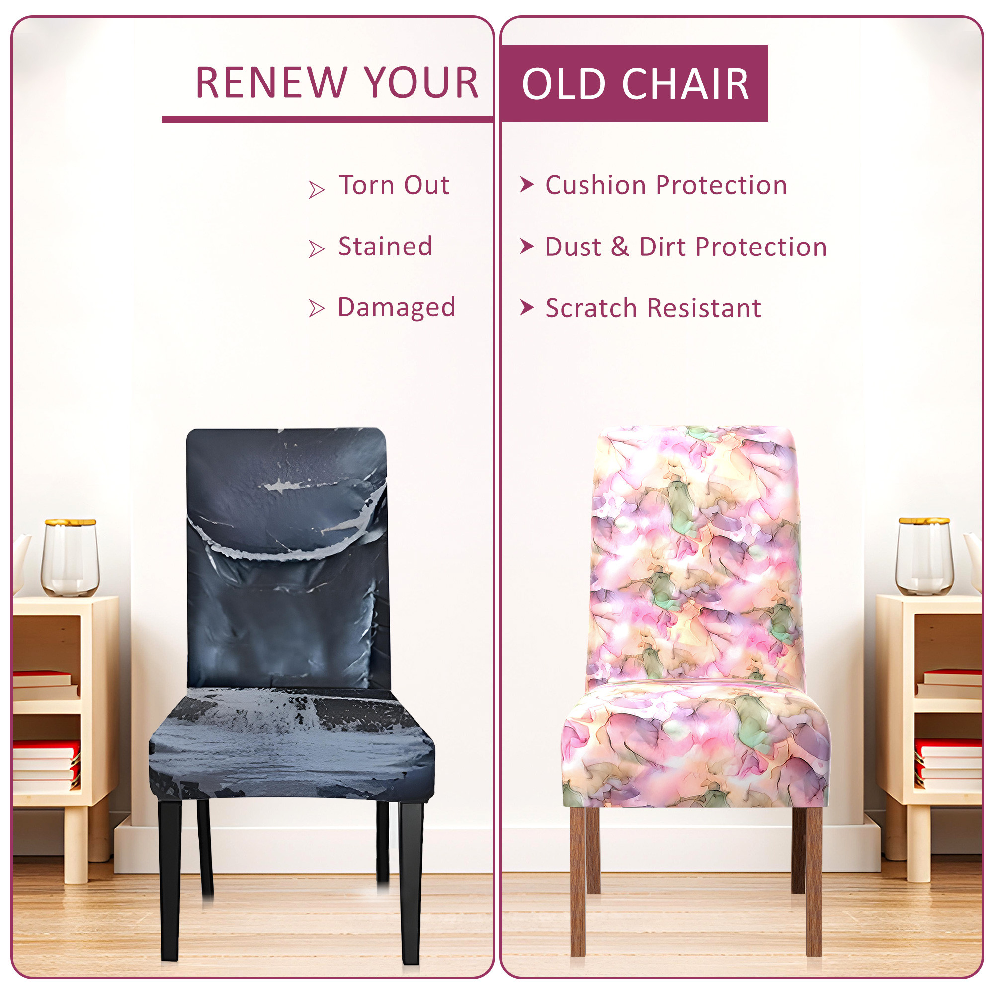 Kuber Industries 2 Pcs Stretchable Tea Table Chair Cover  Easy To Install  Machine Washable Chair Protector Seat Slipcover For Kitchen  Living Room  Multi Flower Print - Pink