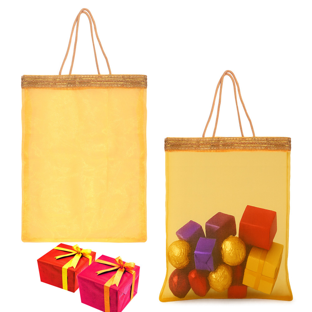 Image of Kuber Industries  Tissue Organza Fabric 12x16 Inch Potli Bags for Ladies &amp; Girls | Potli Bags for Return Gifting &amp; Shagun, Wedding | Party Handbags for Festive Seasons | Gota Work - Yellow