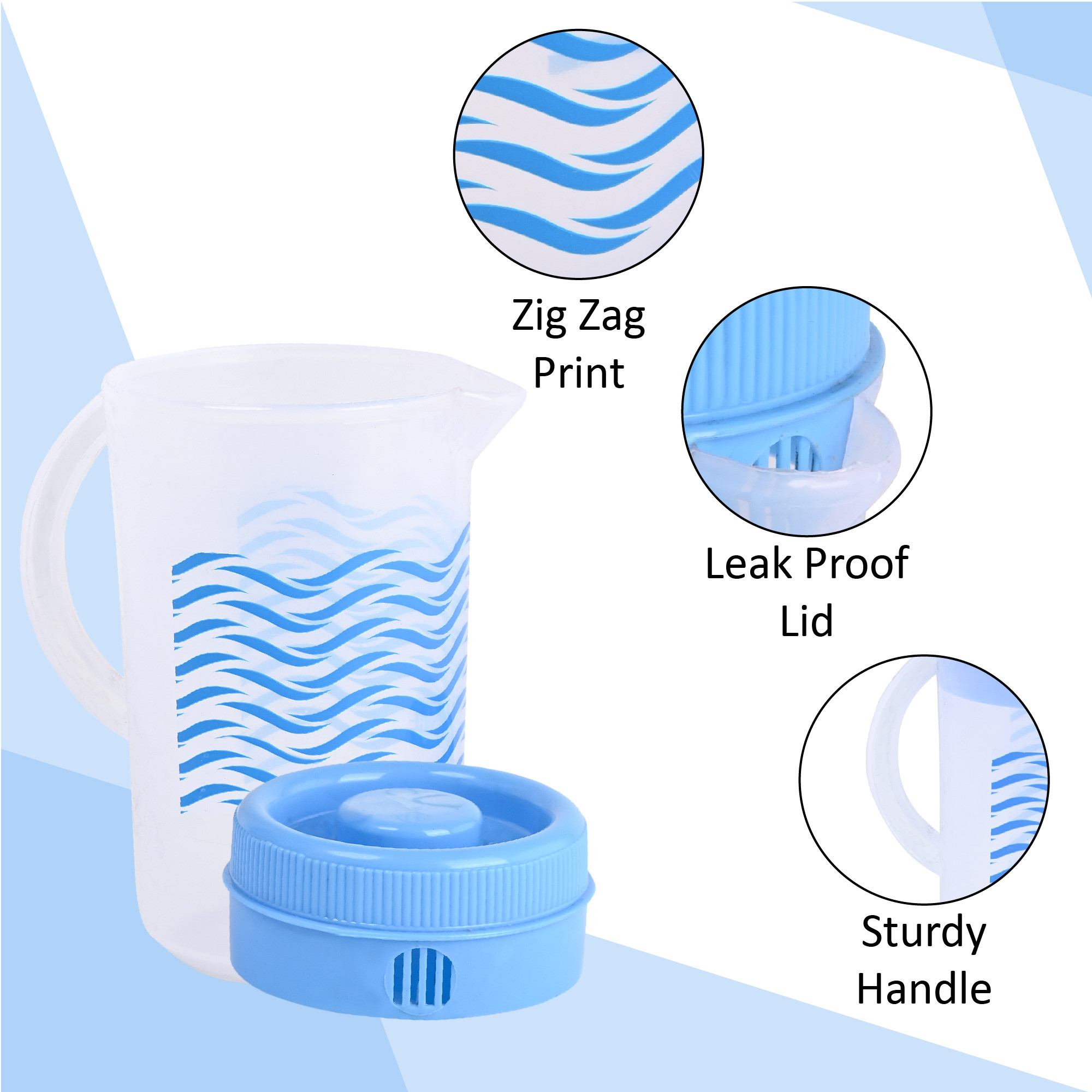 Kuber Industries 2 Pcs Transparent Plastic 2ltr Water Jug With Lid  Lightweight  Easy to Clean Water Jugs For Dining Table Home Picnic And Office Use  Zig Zag Print - Blue