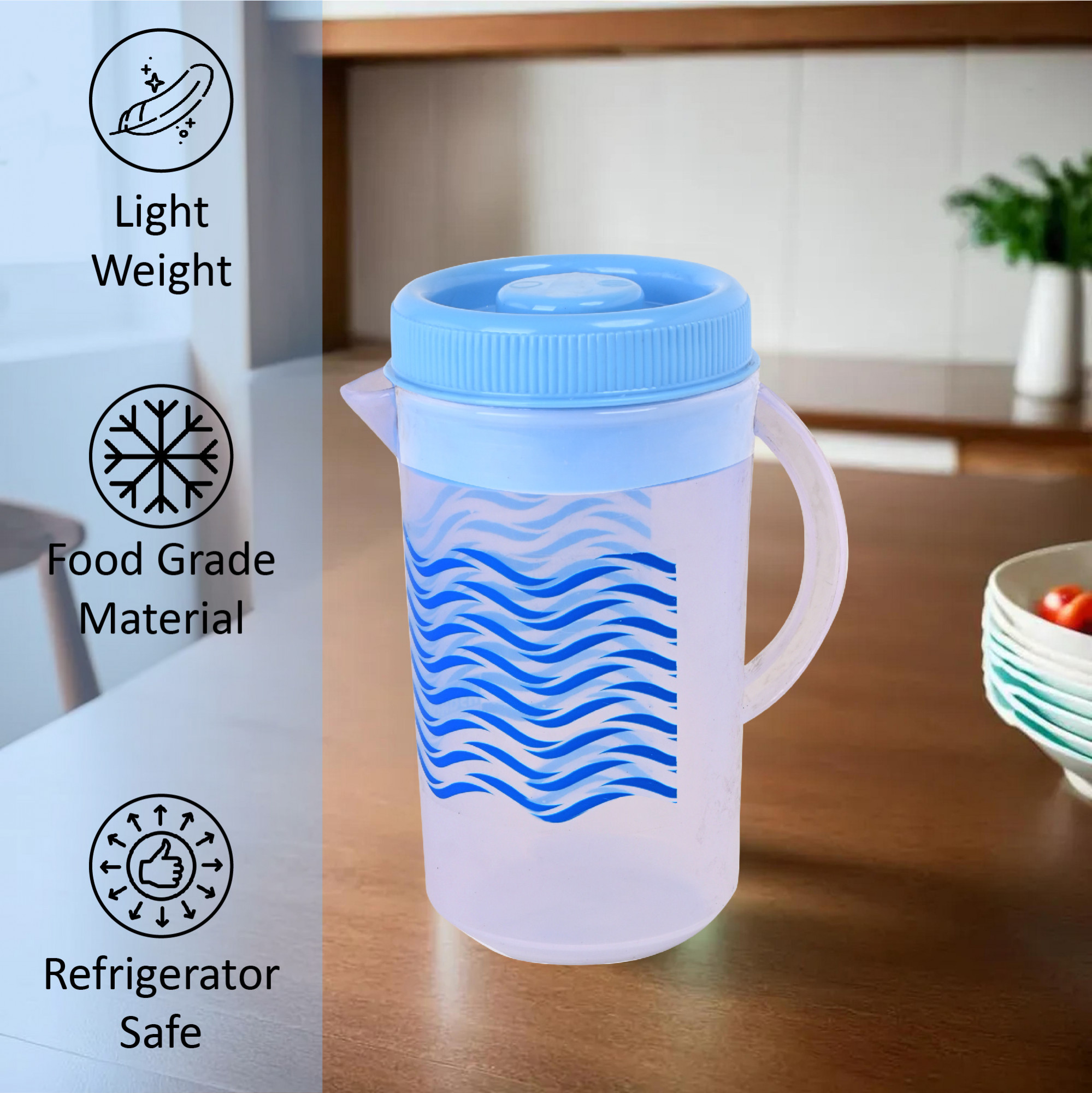 Kuber Industries 2 Pcs Transparent Plastic 2ltr Water Jug With Lid  Lightweight  Easy to Clean Water Jugs For Dining Table Home Picnic And Office Use  Zig Zag Print - Blue