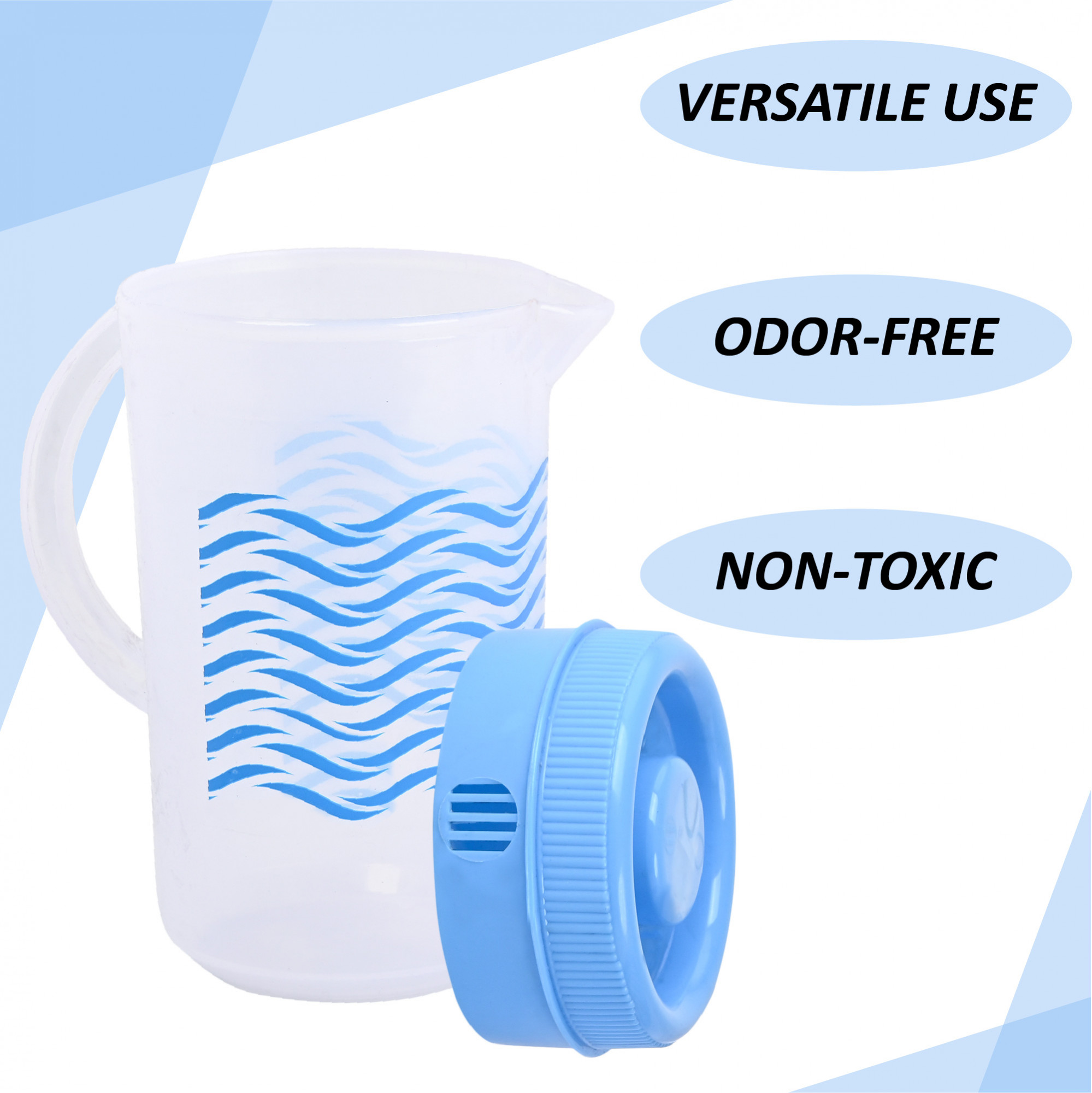 Kuber Industries 2 Pcs Transparent Plastic 2ltr Water Jug With Lid  Lightweight  Easy to Clean Water Jugs For Dining Table Home Picnic And Office Use  Zig Zag Print - Blue