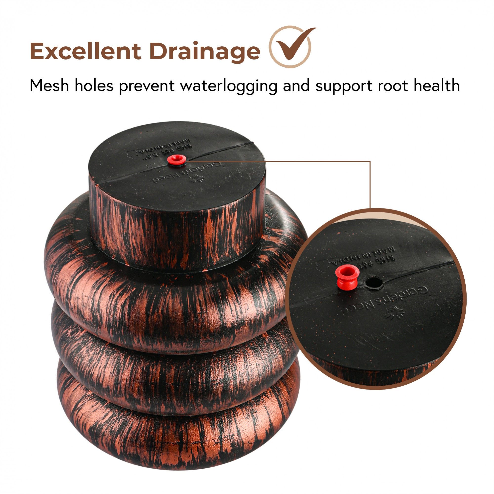 Kuber Industries 2 Pcs Wooden Texture 10 Inch Pots for Plants Balcony and Living Room  Flower Pots for Garden  Decorative Planters for Home Decor Outdoor Indoor Plants and Office  Rust Ring