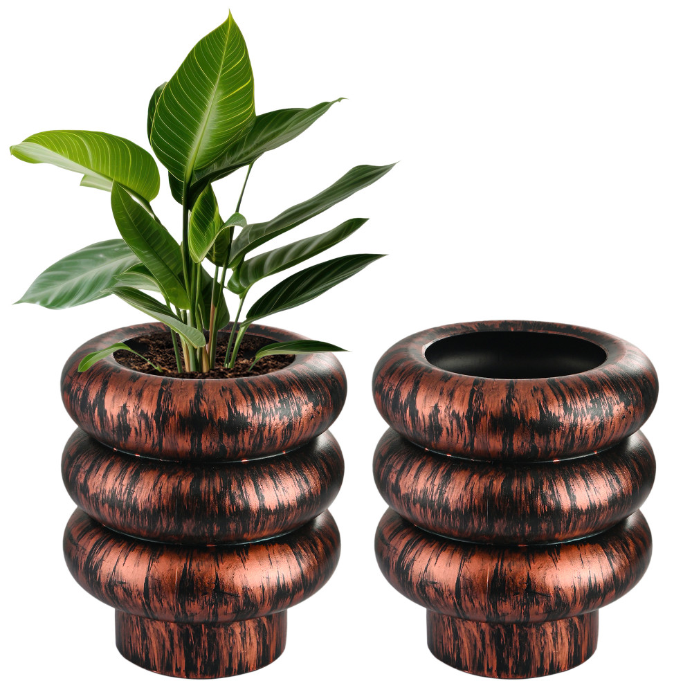 Image of Kuber Industries 2 Pcs Wooden Texture 10 Inch Pots for Plants Balcony and Living Room | Flower Pots for Garden | Decorative Planters for Home Decor, Outdoor Indoor Plants and Office | Rust Ring