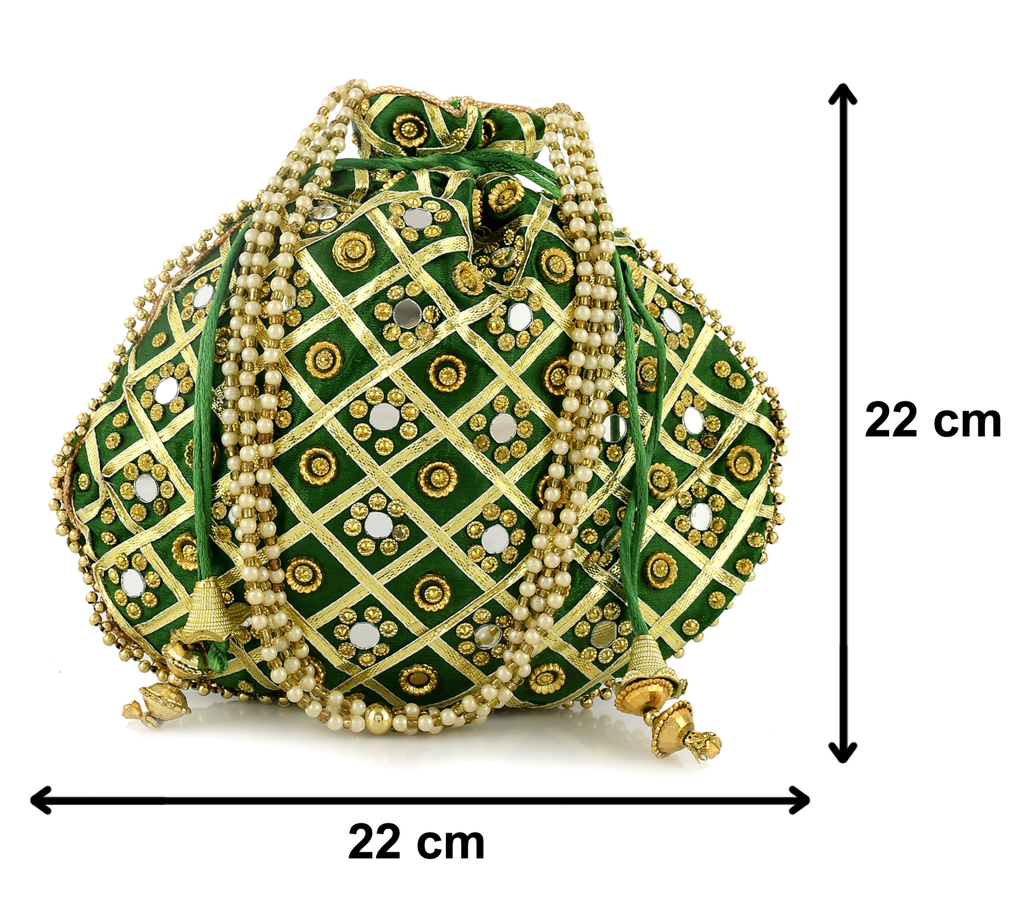 Kuber Industries 2 Pieces 3-Layer Silk Traditional Mirror Work Clutch Potli Batwa Pouch Hand Bag For Women/Girls (Green & Gold)-KUBMRT11539