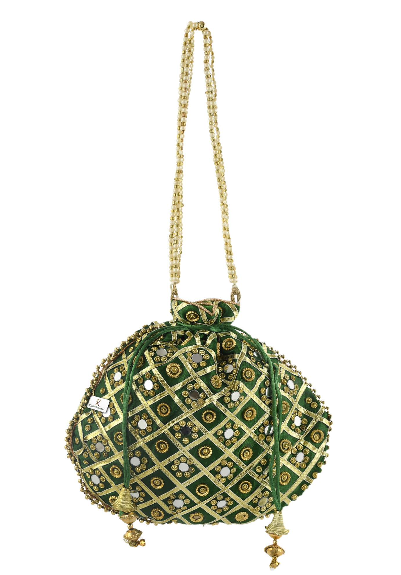 Kuber Industries 2 Pieces 3-Layer Silk Traditional Mirror Work Clutch Potli Batwa Pouch Hand Bag For Women/Girls (Green & Gold)-KUBMRT11539
