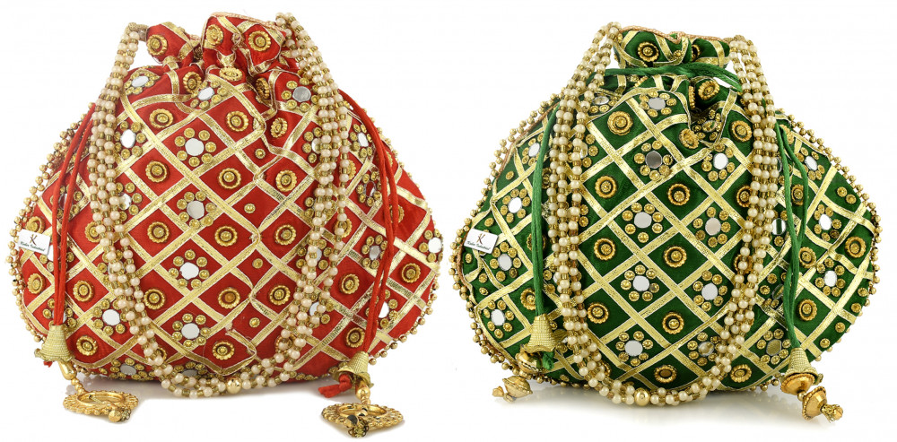 Kuber Industries 2 Pieces 3-Layer Silk Traditional Mirror Work Clutch Potli Batwa Pouch Hand Bag For Women/Girls (Green &amp; Red)-KUBMRT11541