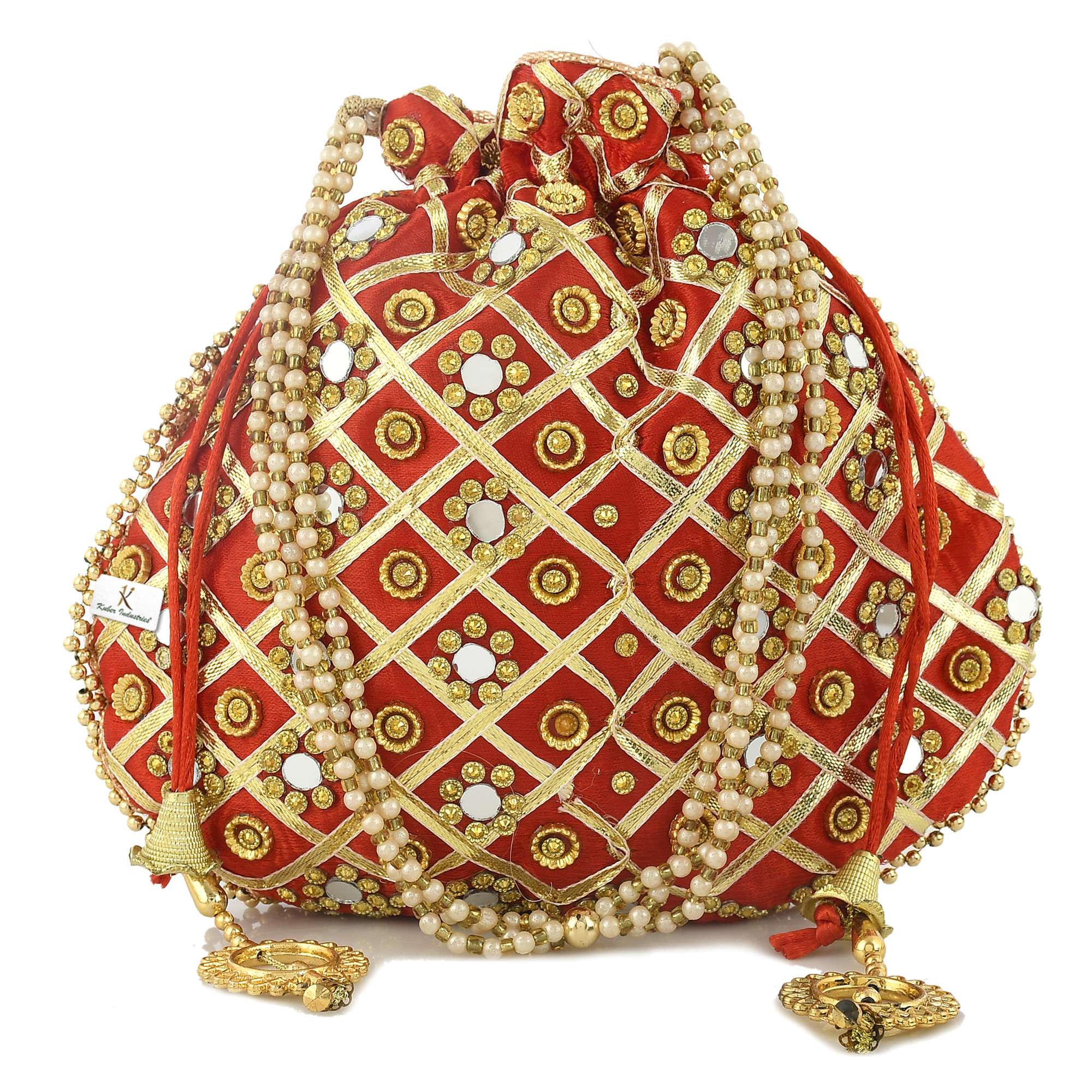 Kuber Industries 2 Pieces 3-Layer Silk Traditional Mirror Work Clutch Potli Batwa Pouch Hand Bag For Women/Girls (Green & Red)-KUBMRT11541