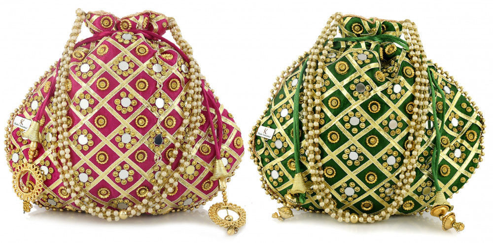 Kuber Industries 2 Pieces 3-Layer Silk Traditional Mirror Work Clutch Potli Batwa Pouch Hand Bag For Women/Girls (Green &amp; Pink)-KUBMRT11543