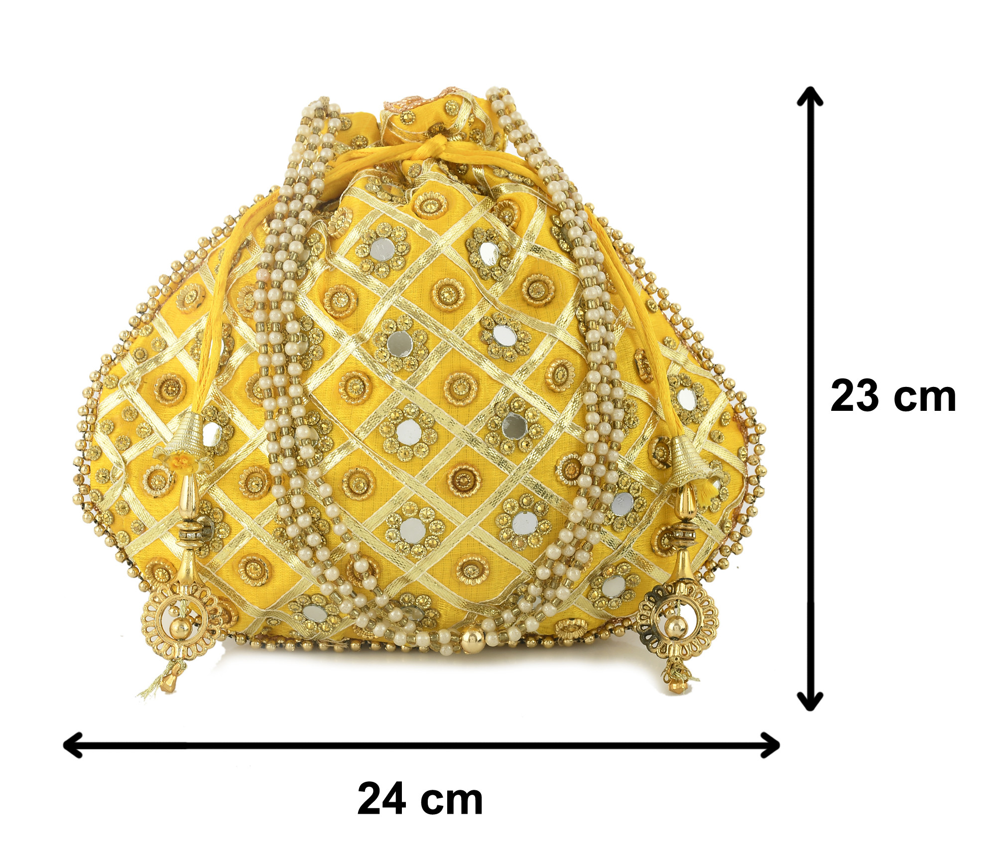 Kuber Industries 2 Pieces 3-Layer Silk Traditional Mirror Work Clutch Potli Batwa Pouch Hand Bag For Women/Girls (Gold & Red)-KUBMRT11547
