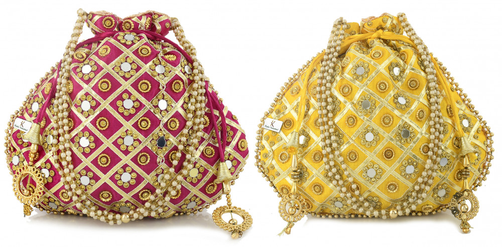 Kuber Industries 2 Pieces 3-Layer Silk Traditional Mirror Work Clutch Potli Batwa Pouch Hand Bag For Women/Girls (Gold &amp; Pink)-KUBMRT11549