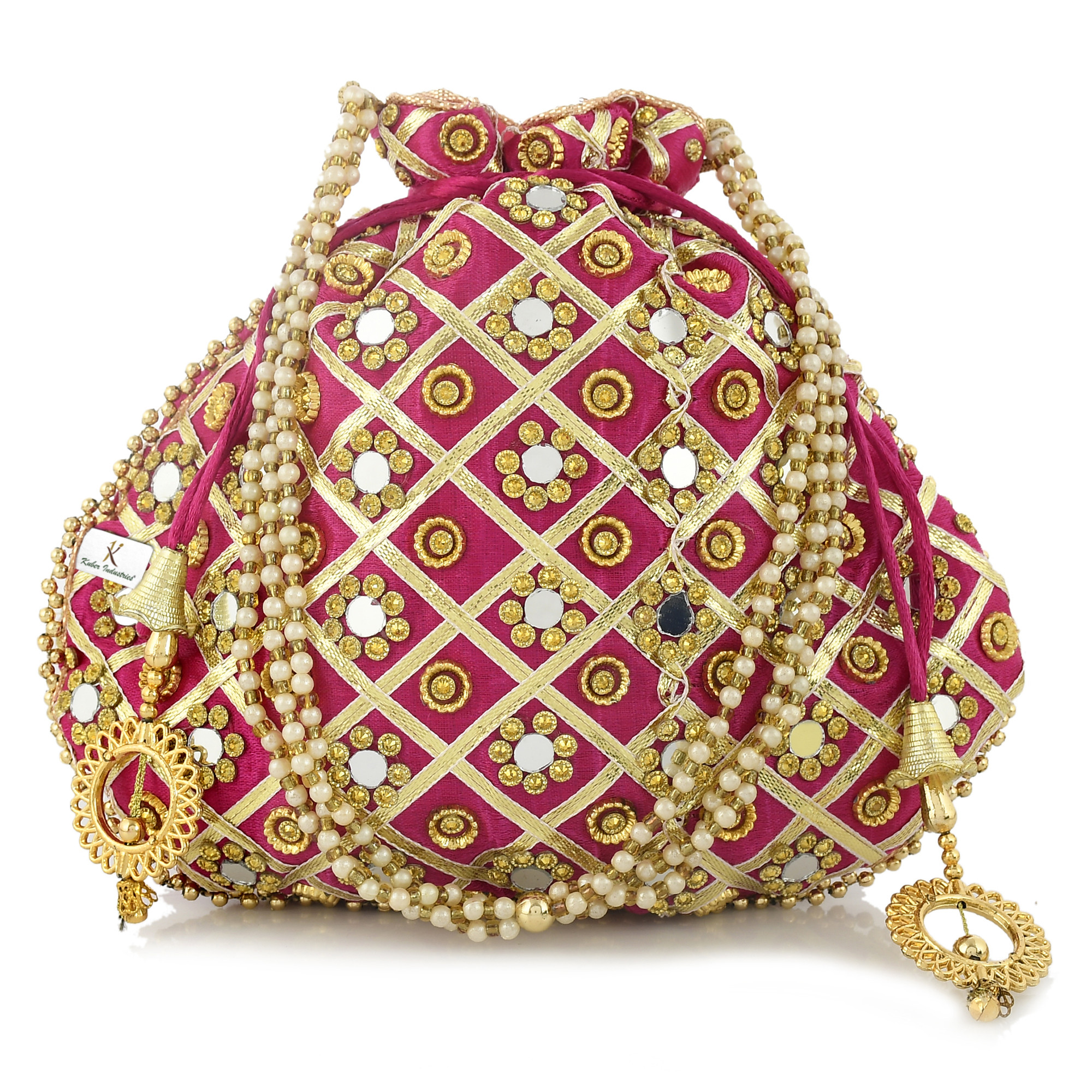 Kuber Industries 2 Pieces 3-Layer Silk Traditional Mirror Work Clutch Potli Batwa Pouch Hand Bag For Women/Girls (Gold & Pink)-KUBMRT11549