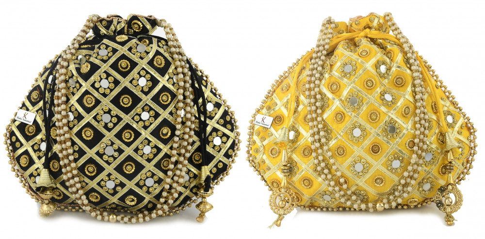 Kuber Industries 2 Pieces 3-Layer Silk Traditional Mirror Work Clutch Potli Batwa Pouch Hand Bag For Women/Girls (Gold &amp; Black)-KUBMRT11551