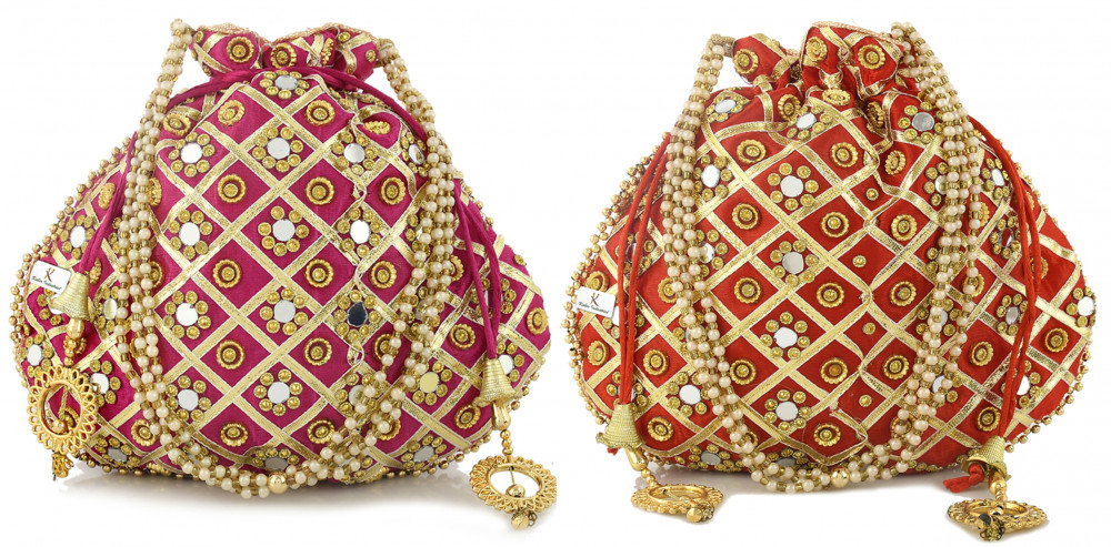 Kuber Industries 2 Pieces 3-Layer Silk Traditional Mirror Work Clutch Potli Batwa Pouch Hand Bag For Women/Girls (Red &amp; Pink)-KUBMRT11553