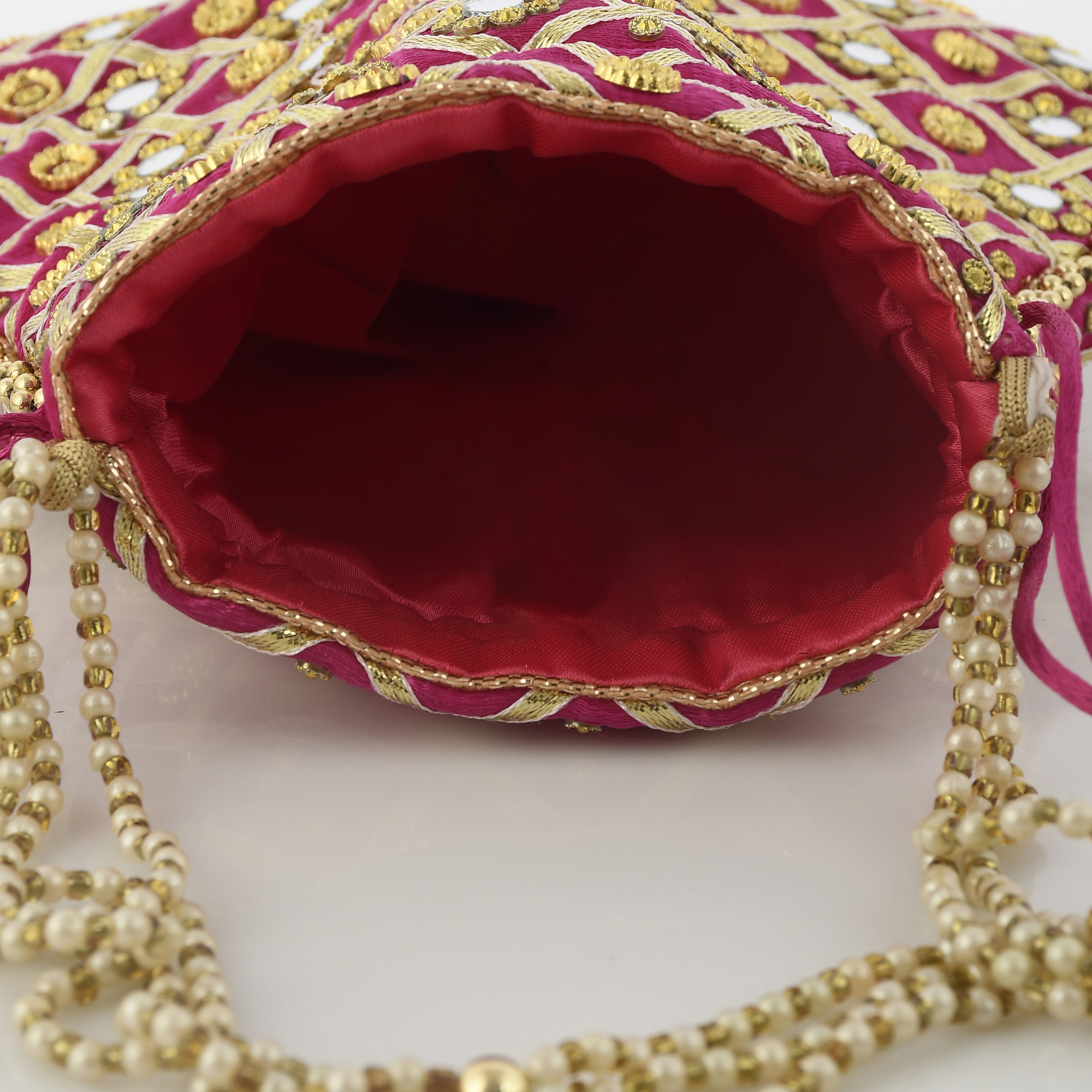 Kuber Industries 2 Pieces 3-Layer Silk Traditional Mirror Work Clutch Potli Batwa Pouch Hand Bag For Women/Girls (Red & Pink)-KUBMRT11553