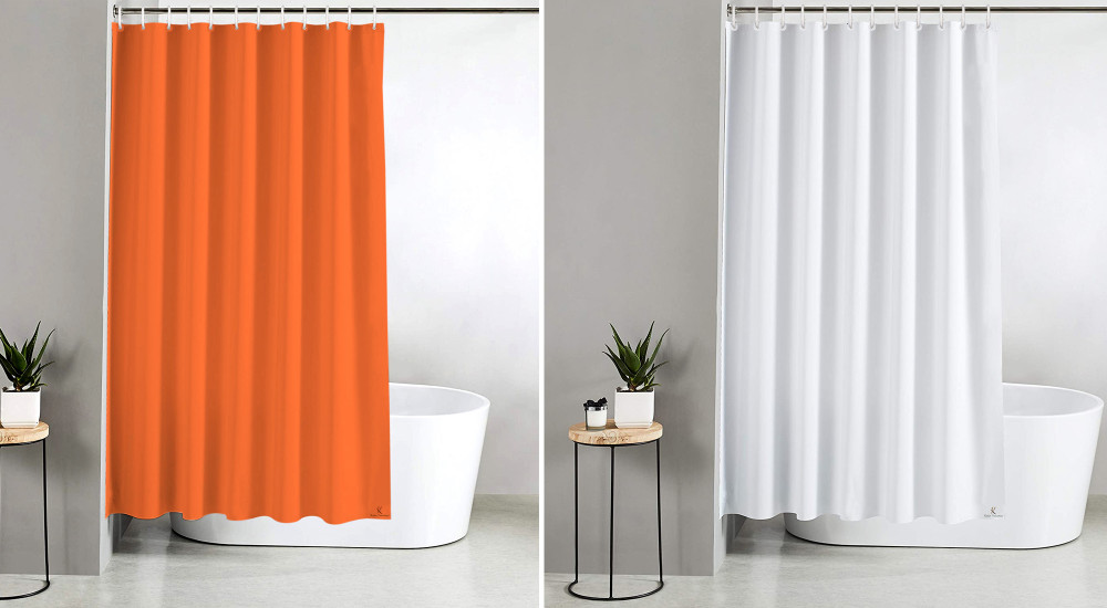 Kuber Industries 2 Pieces PEVA Shower Curtain Liner , Heavy Duty Plastic Shower Curtain With Hooks for Bathroom, Bathtub, 70&quot; x 80&quot;, Orange &amp; White-33_S_KUBQMART11568