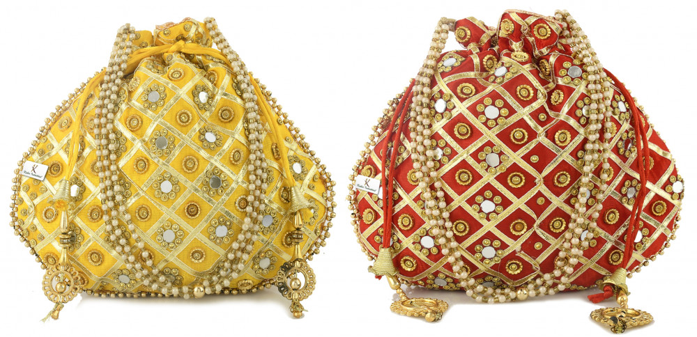 Kuber Industries 2 Pieces Silk Traditional Mirror Work Clutch Potli Batwa Pouch Hand Bag For Women/Girls (Gold &amp; Red)-KUBMRT11507