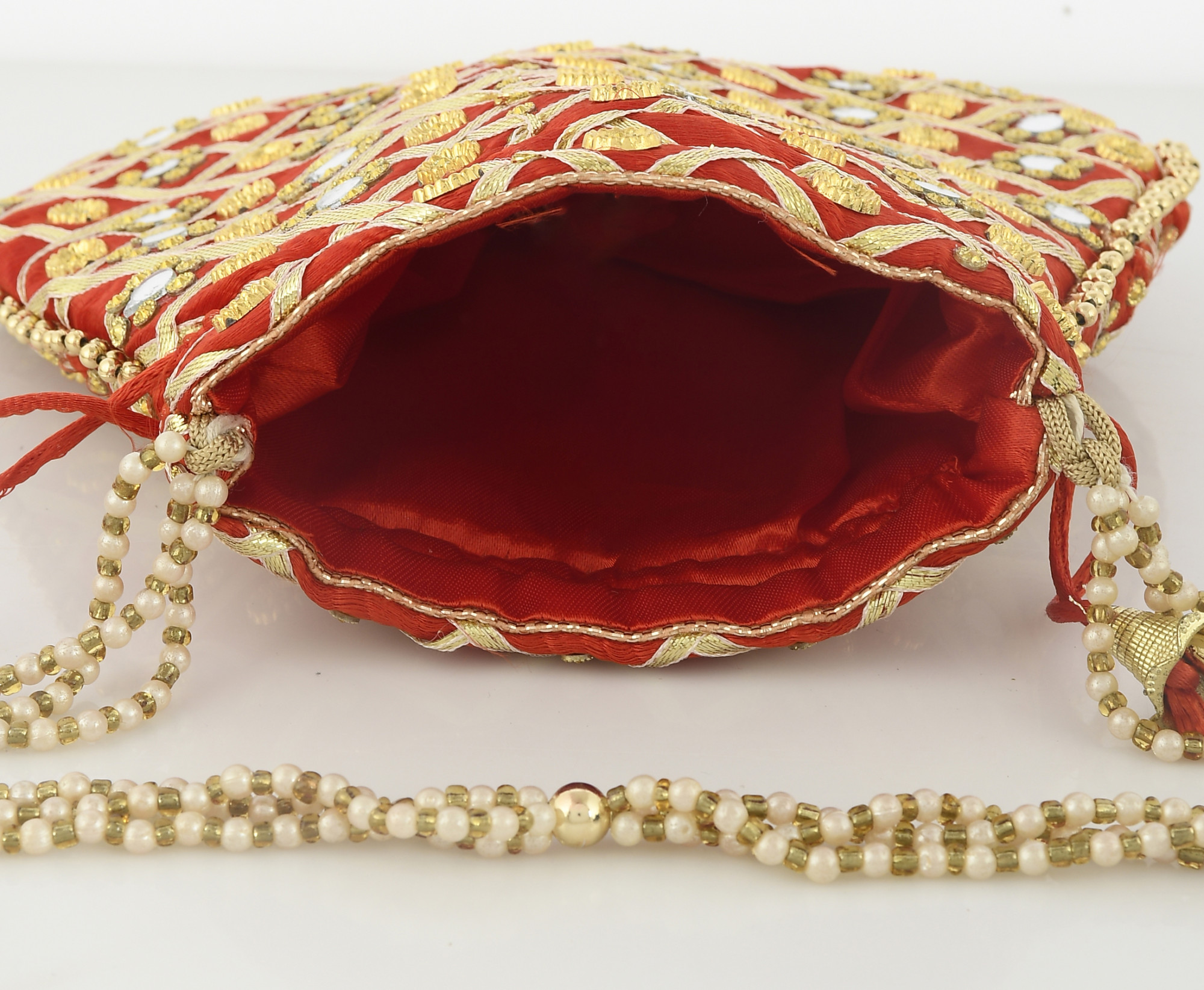 Kuber Industries 2 Pieces Silk Traditional Mirror Work Clutch Potli Batwa Pouch Hand Bag For Women/Girls (Gold & Red)-KUBMRT11507