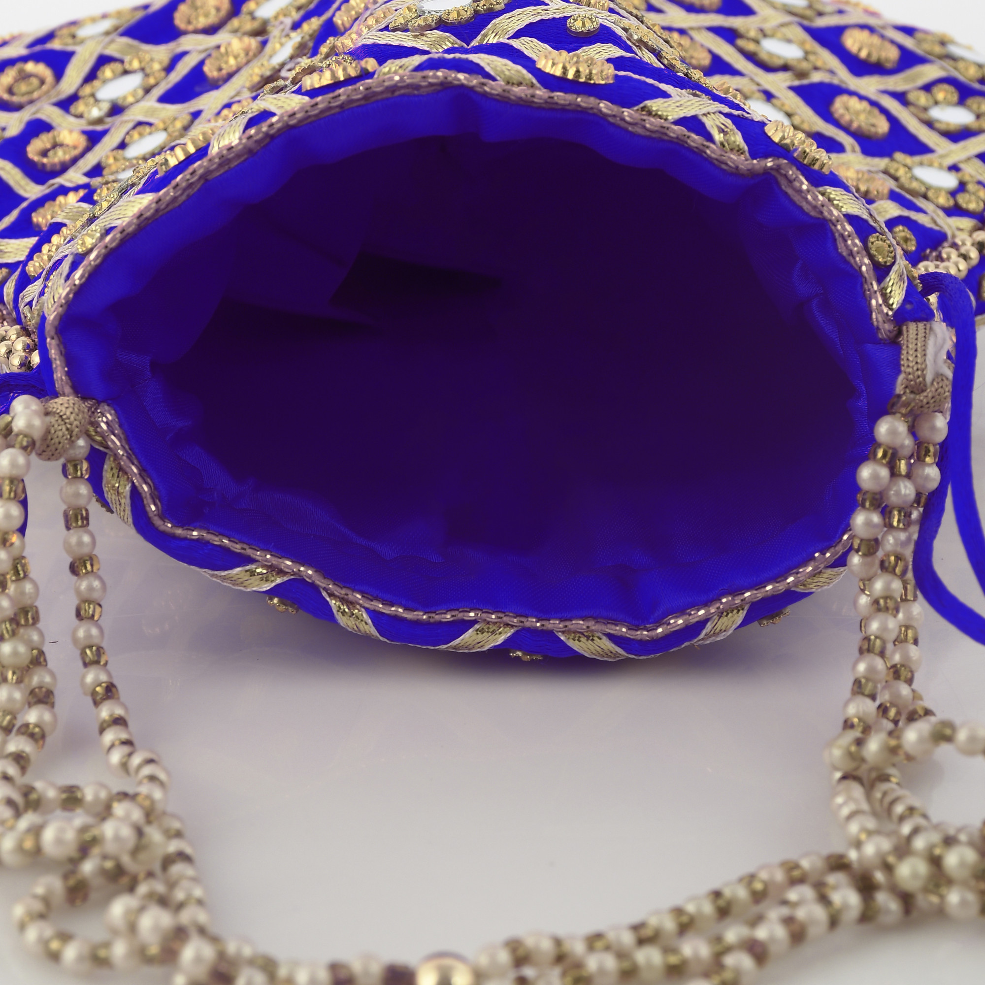 Kuber Industries 2 Pieces Silk Traditional Mirror Work Clutch Potli Batwa Pouch Hand Bag For Women/Girls (Gold & Blue)-KUBMRT11511