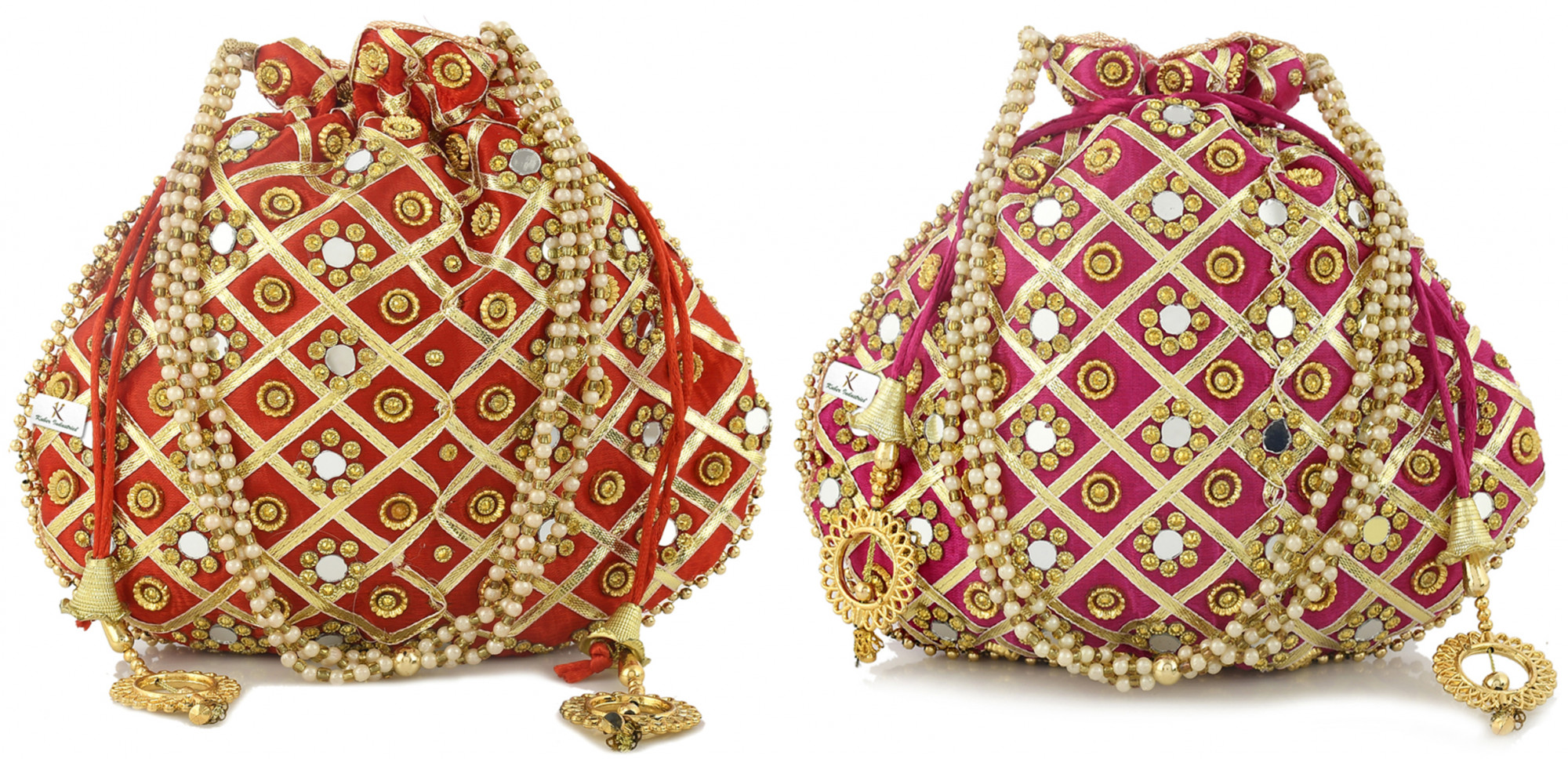 Kuber Industries 2 Pieces Silk Traditional Mirror Work Clutch Potli Batwa Pouch Hand Bag For Women/Girls (Red & Pink)-KUBMRT11513