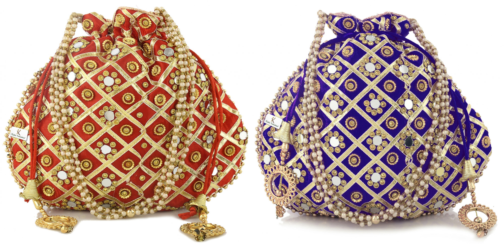 Kuber Industries 2 Pieces Silk Traditional Mirror Work Clutch Potli Batwa Pouch Hand Bag For Women/Girls (Red & Blue)-KUBMRT11515