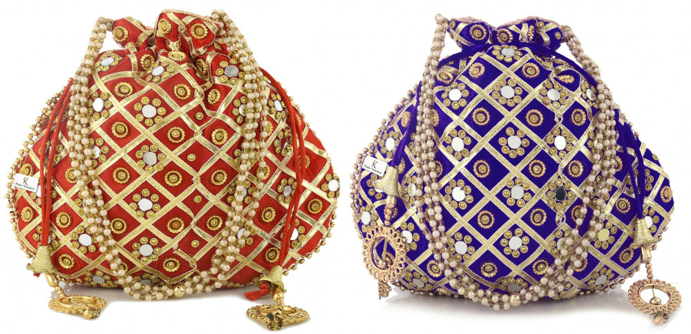 Kuber Industries 2 Pieces Silk Traditional Mirror Work Clutch Potli Batwa Pouch Hand Bag For Women/Girls (Red &amp; Blue)-KUBMRT11515