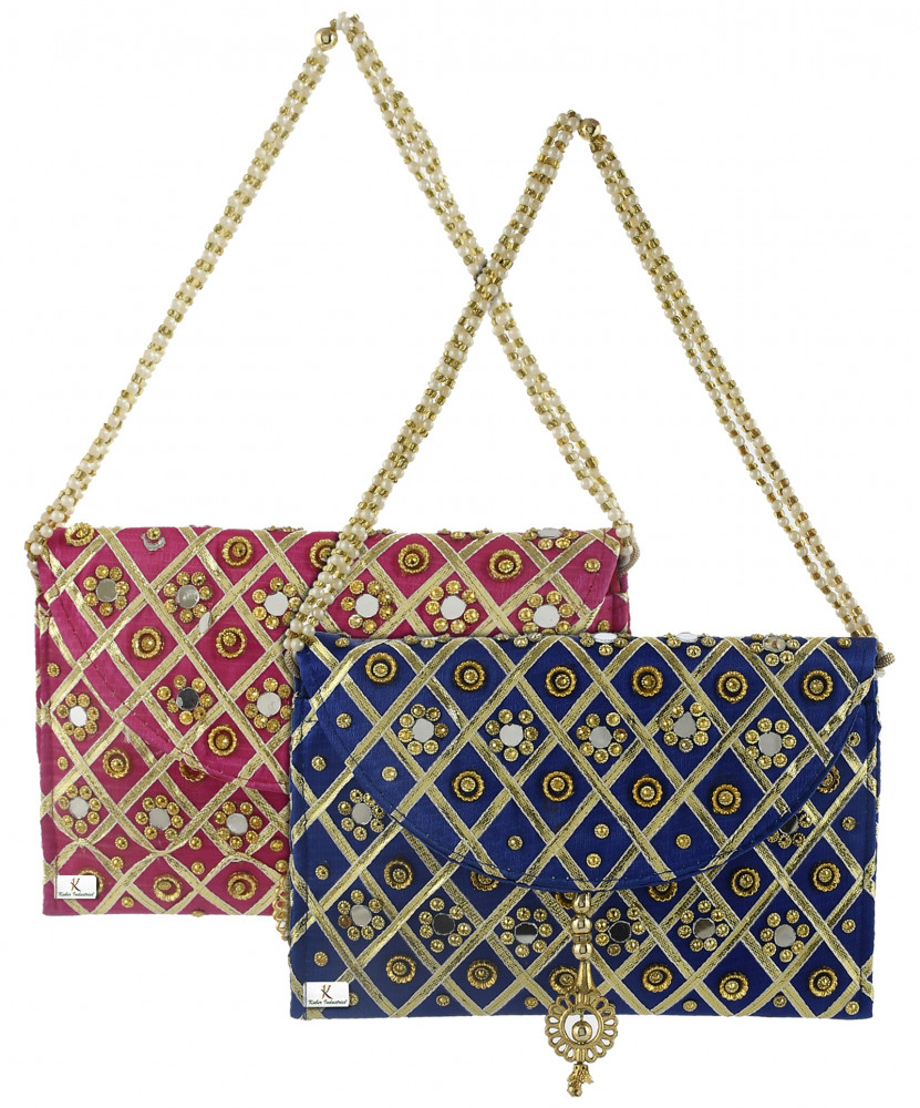 Kuber Industries 2 Pieces Silk Traditional Mirror Work Envelope Clutch/Hand Purse Bag For Women/Girls (Pink &amp; Blue)-KUBMRT11459