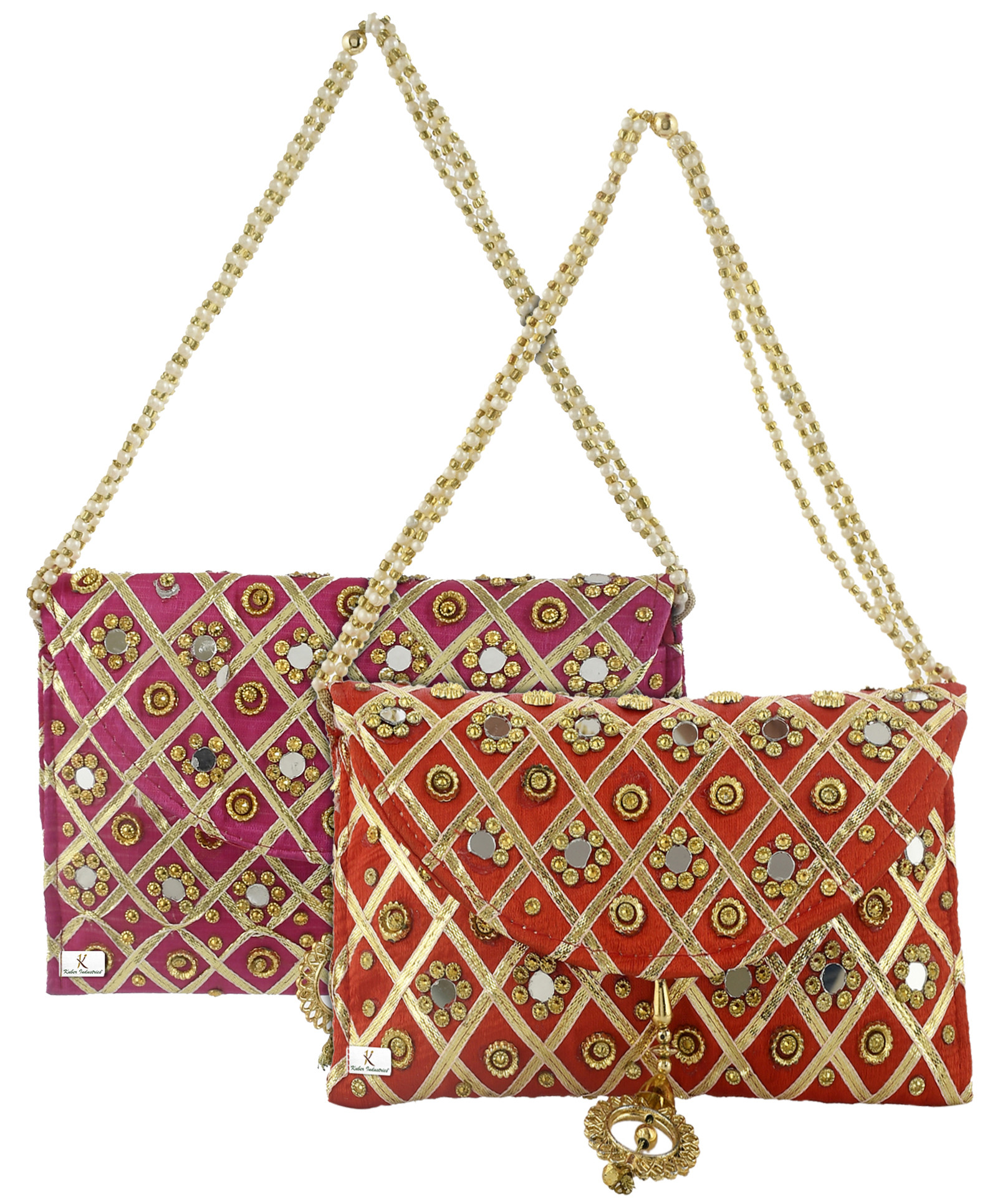 Kuber Industries 2 Pieces Silk Traditional Mirror Work Envelope Clutch/Hand Purse Bag For Women/Girls (Pink & Red)-KUBMRT11461