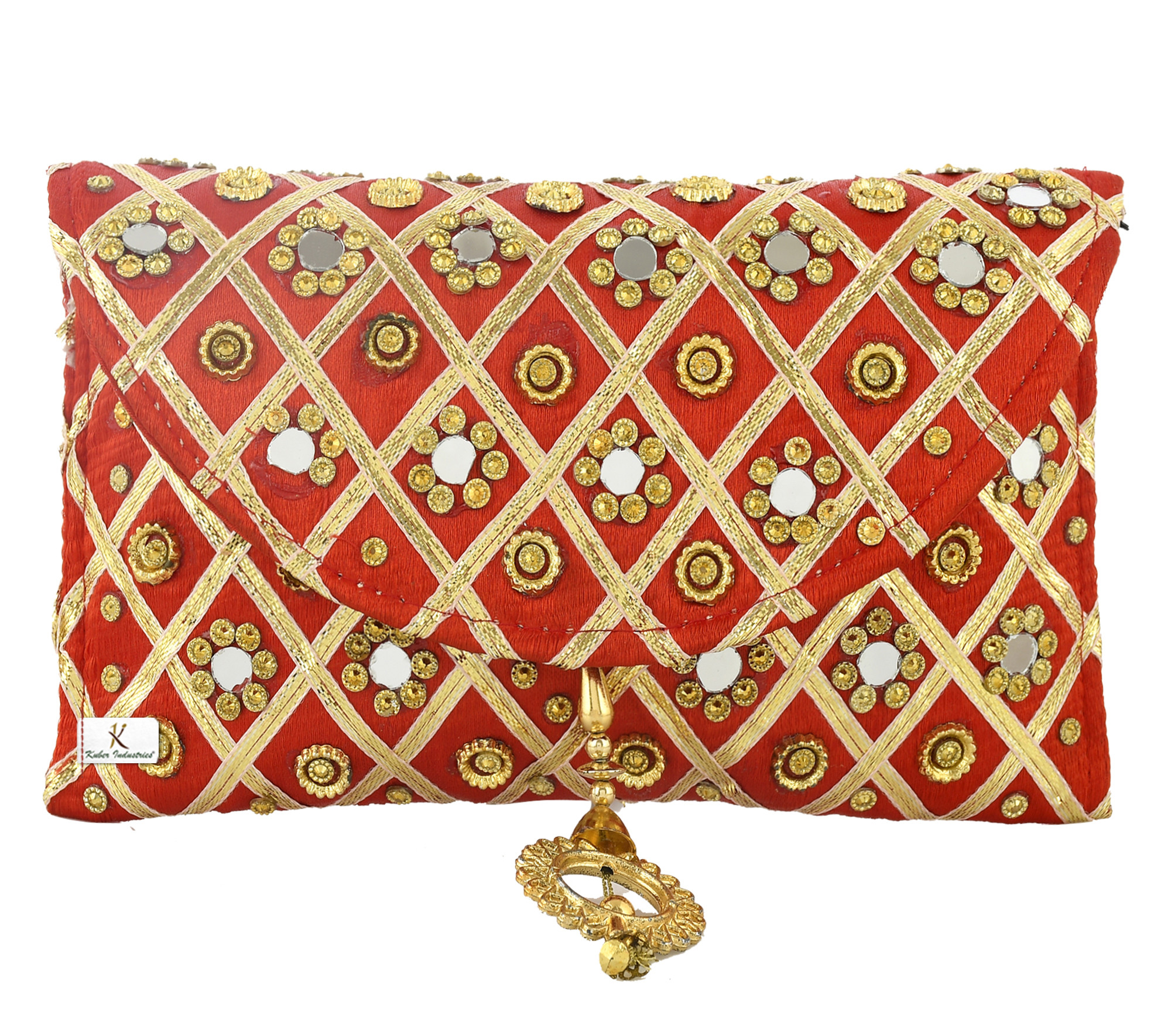 Kuber Industries 2 Pieces Silk Traditional Mirror Work Envelope Clutch/Hand Purse Bag For Women/Girls (Pink & Red)-KUBMRT11461