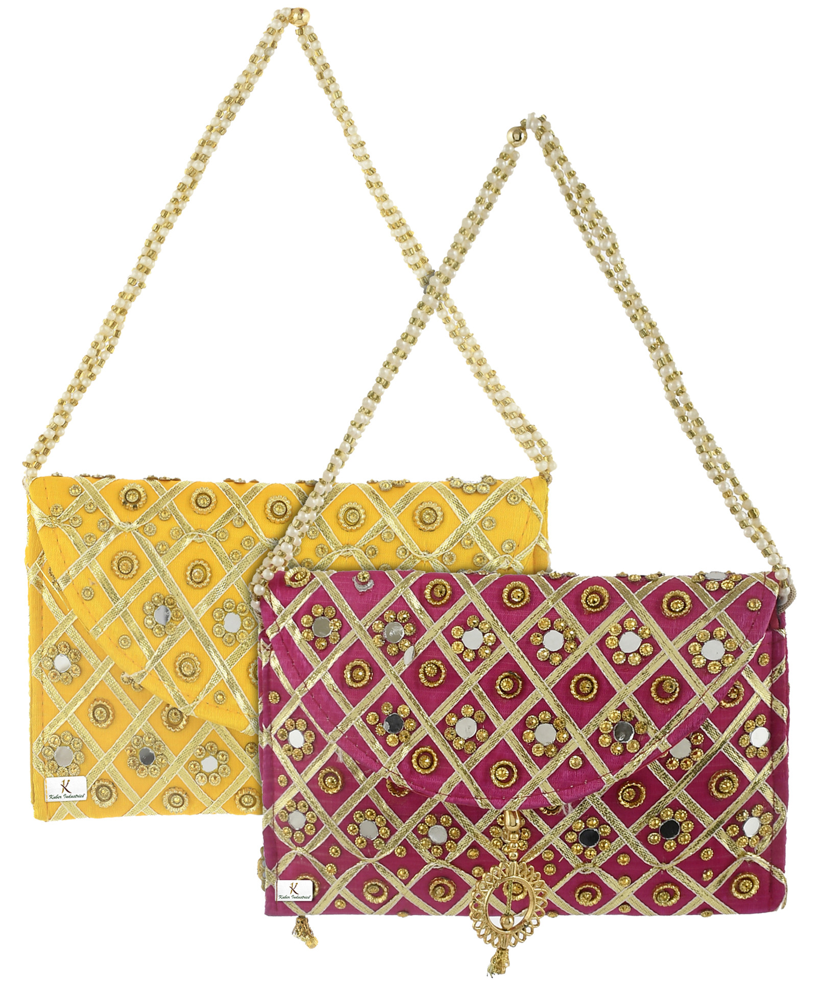 Kuber Industries 2 Pieces Silk Traditional Mirror Work Envelope Clutch/Hand Purse Bag For Women/Girls (Pink & Gold)-KUBMRT11463