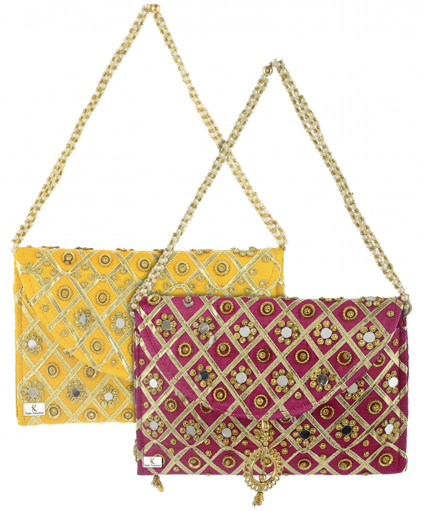 Kuber Industries 2 Pieces Silk Traditional Mirror Work Envelope Clutch/Hand Purse Bag For Women/Girls (Pink &amp; Gold)-KUBMRT11463
