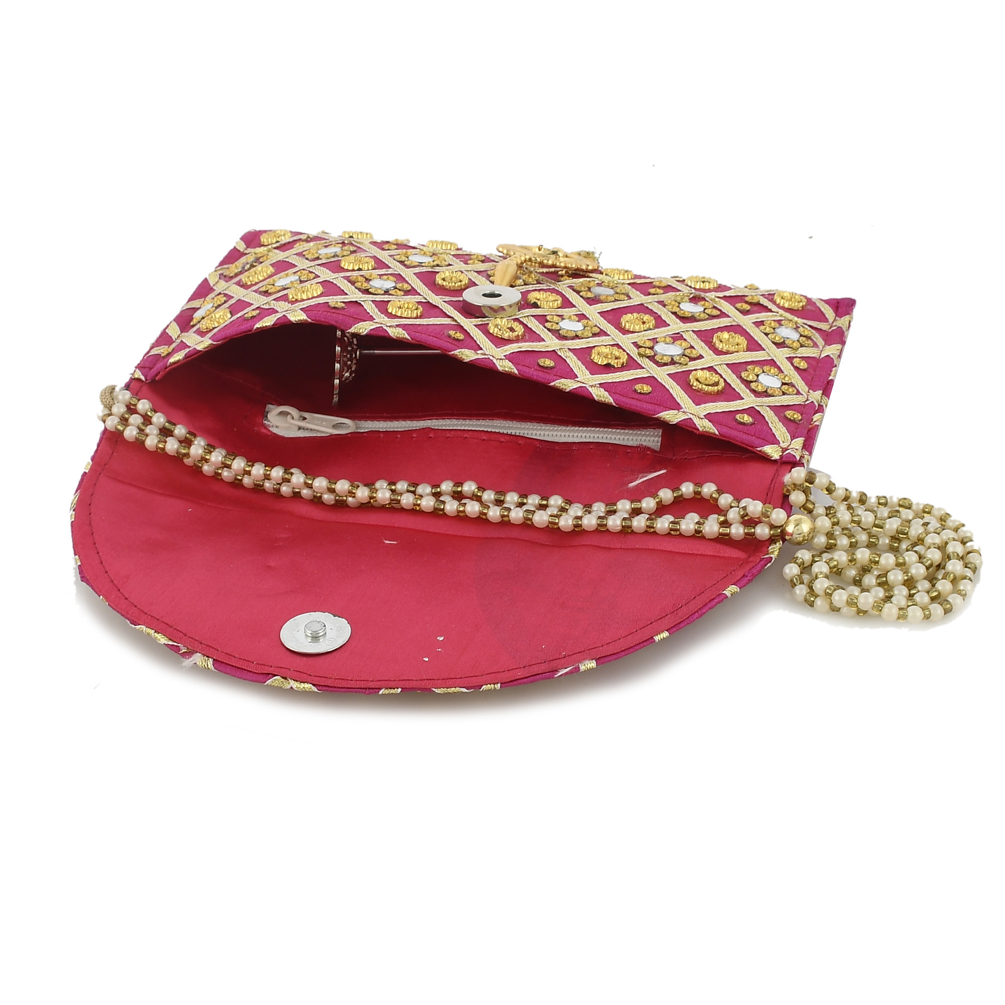 Kuber Industries 2 Pieces Silk Traditional Mirror Work Envelope Clutch/Hand Purse Bag For Women/Girls (Pink & Gold)-KUBMRT11463