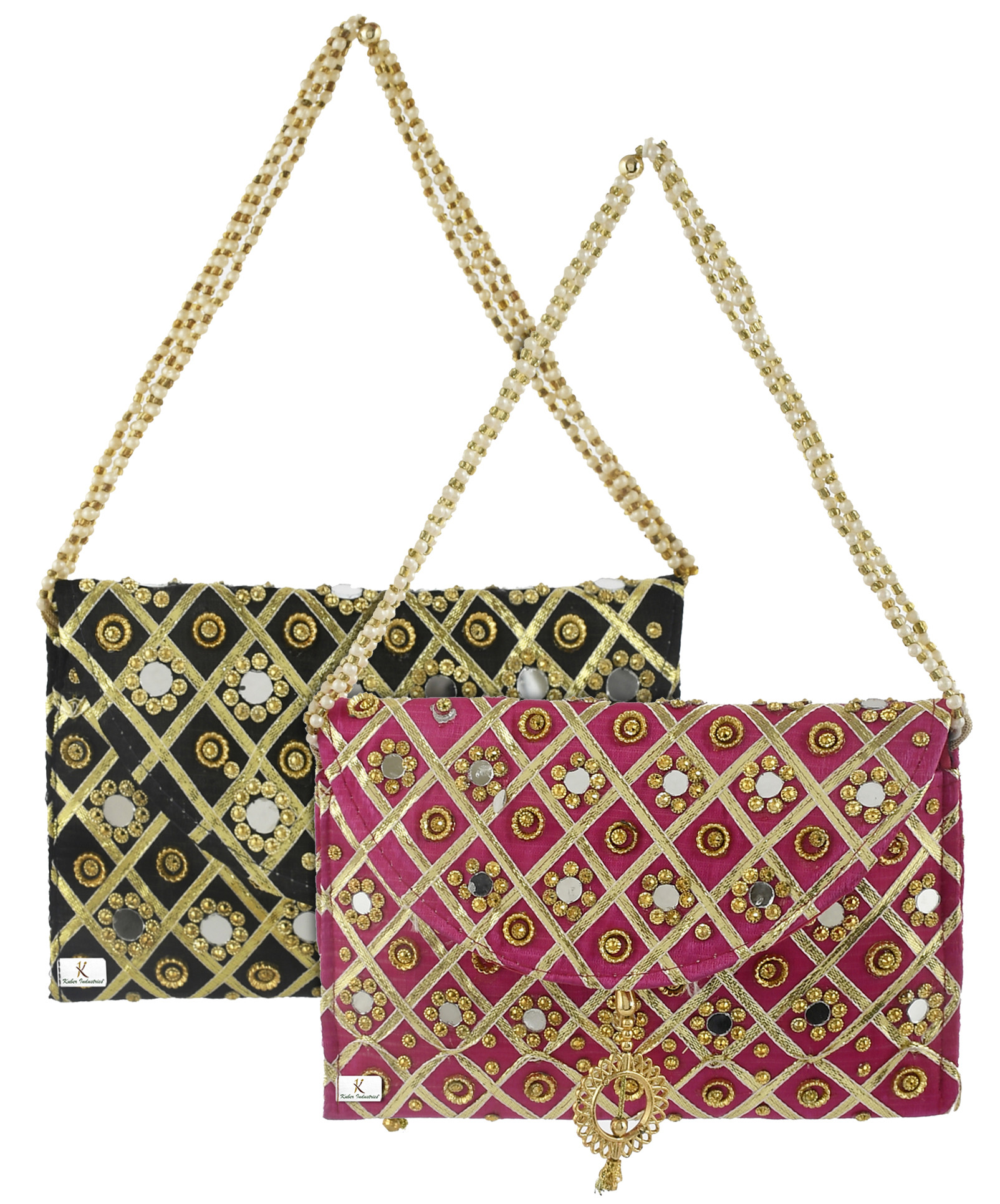 Kuber Industries 2 Pieces Silk Traditional Mirror Work Envelope Clutch/Hand Purse Bag For Women/Girls (Pink & Black)-KUBMRT11465