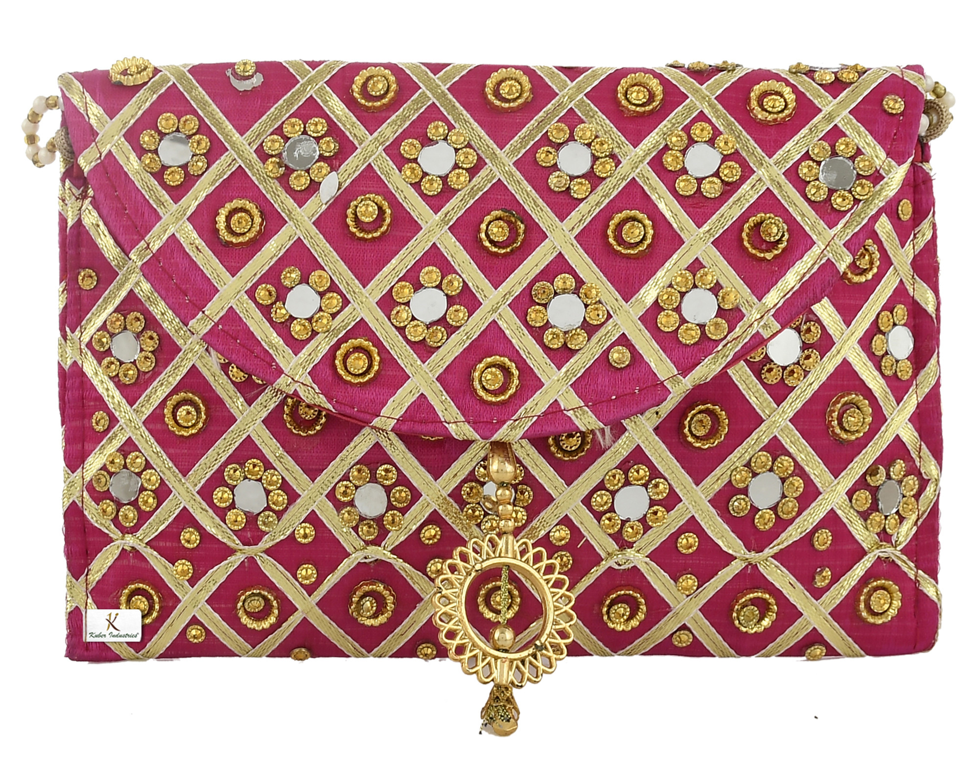 Kuber Industries 2 Pieces Silk Traditional Mirror Work Envelope Clutch/Hand Purse Bag For Women/Girls (Pink & Black)-KUBMRT11465