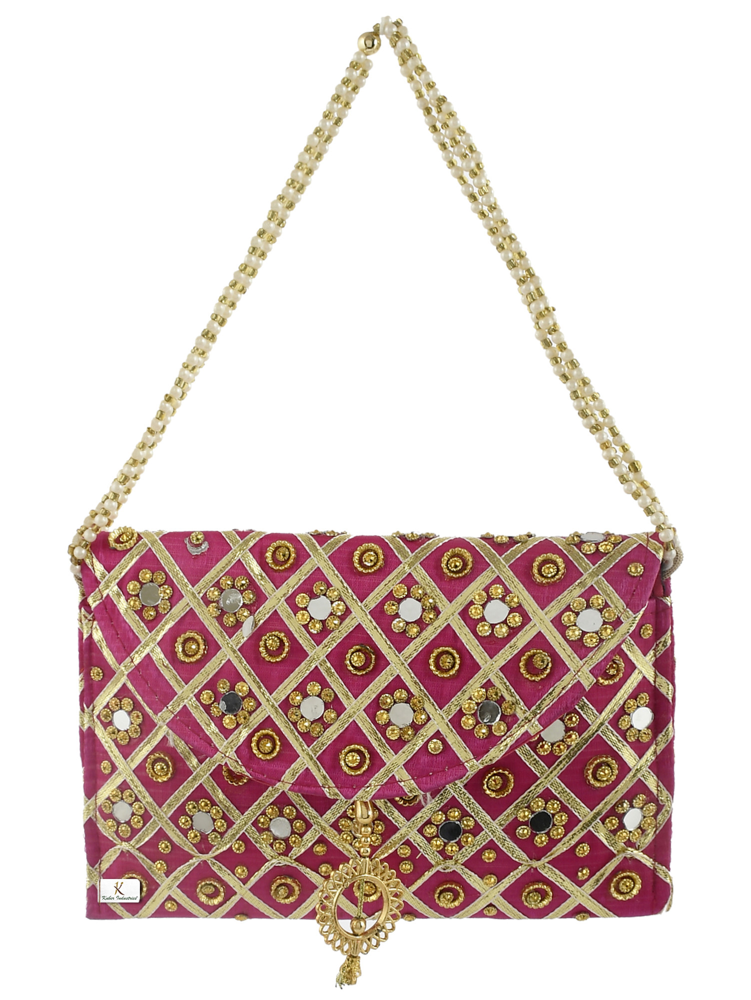 Kuber Industries 2 Pieces Silk Traditional Mirror Work Envelope Clutch/Hand Purse Bag For Women/Girls (Pink & Black)-KUBMRT11465