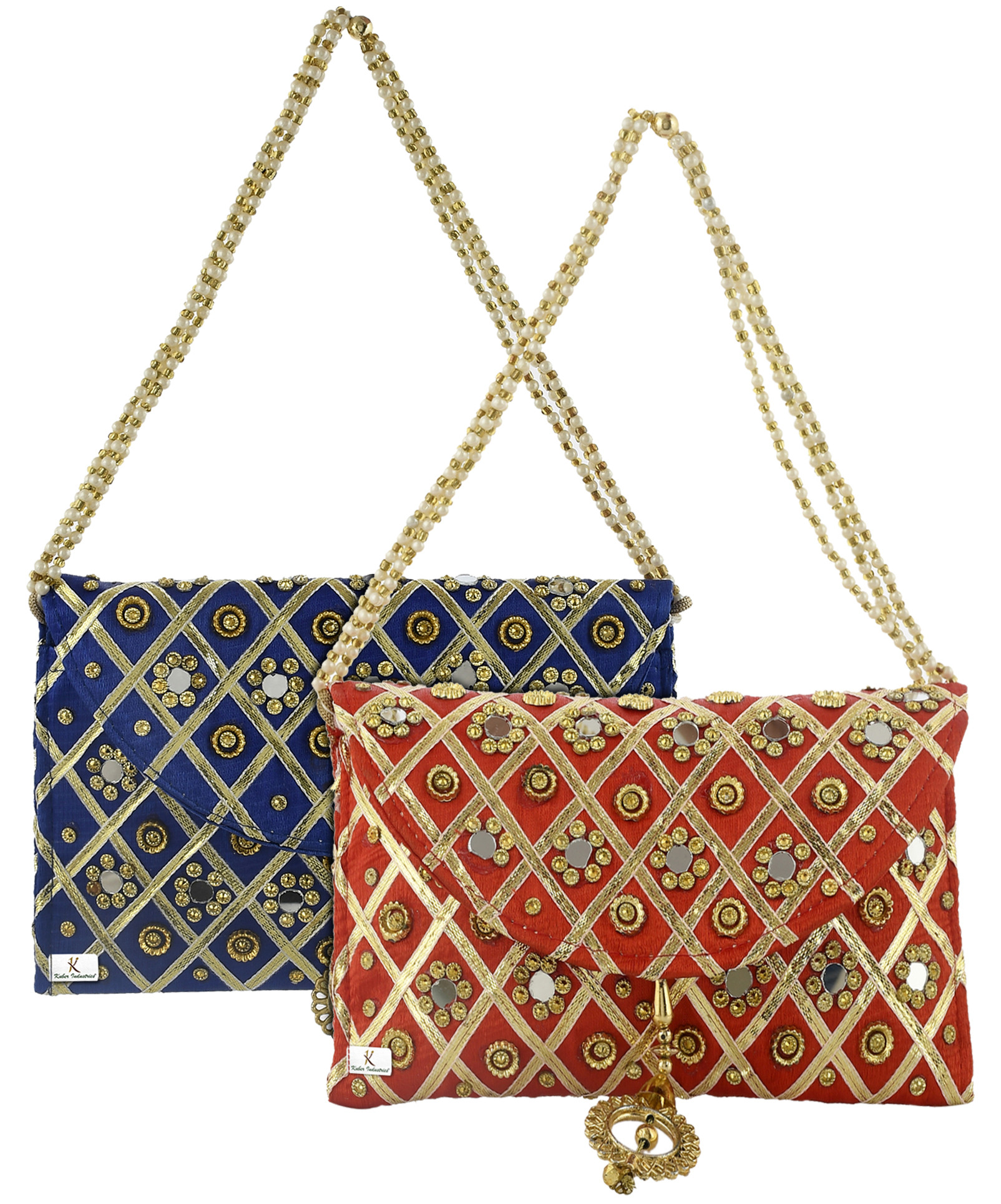 Kuber Industries 2 Pieces Silk Traditional Mirror Work Envelope Clutch/Hand Purse Bag For Women/Girls (Blue & Red)-KUBMRT11467