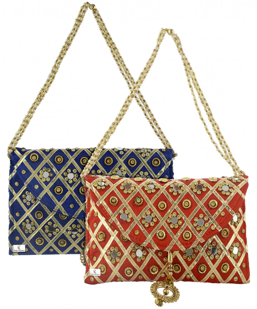 Kuber Industries 2 Pieces Silk Traditional Mirror Work Envelope Clutch/Hand Purse Bag For Women/Girls (Blue &amp; Red)-KUBMRT11467