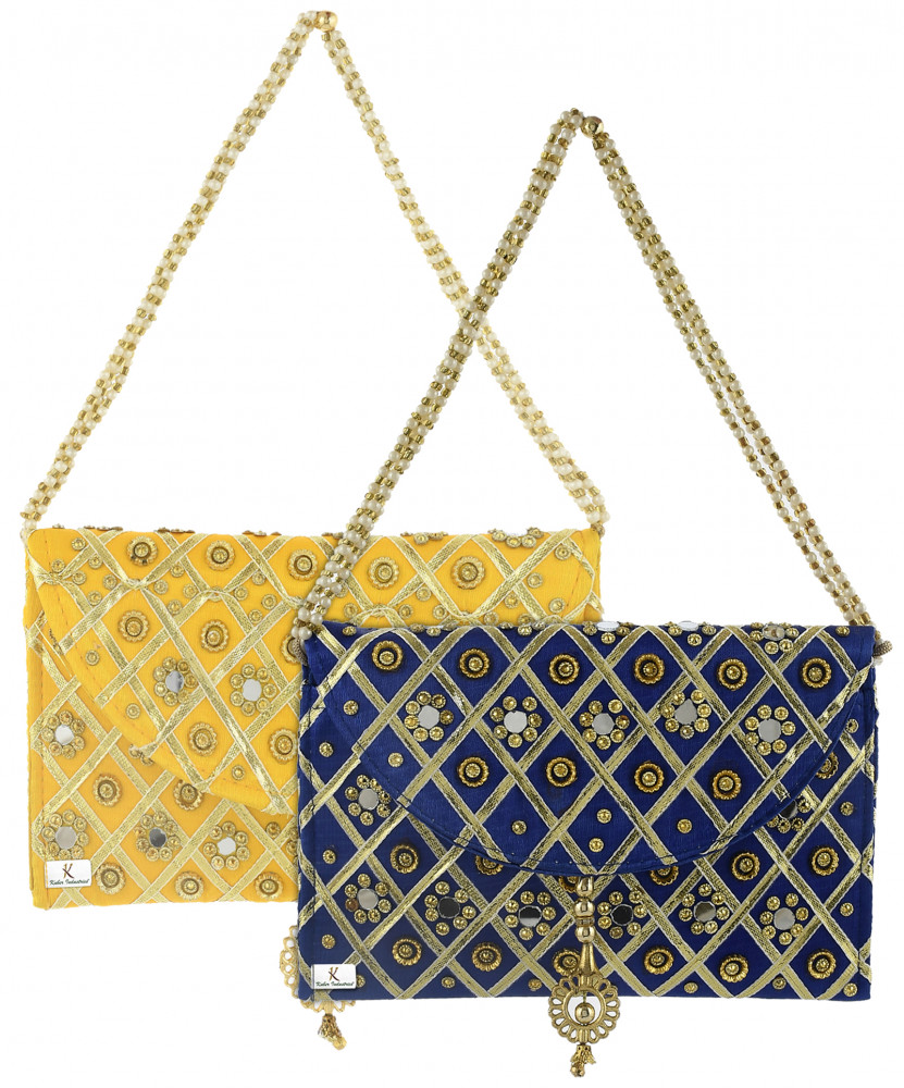 Kuber Industries 2 Pieces Silk Traditional Mirror Work Envelope Clutch/Hand Purse Bag For Women/Girls (Blue &amp; Gold)-KUBMRT11469