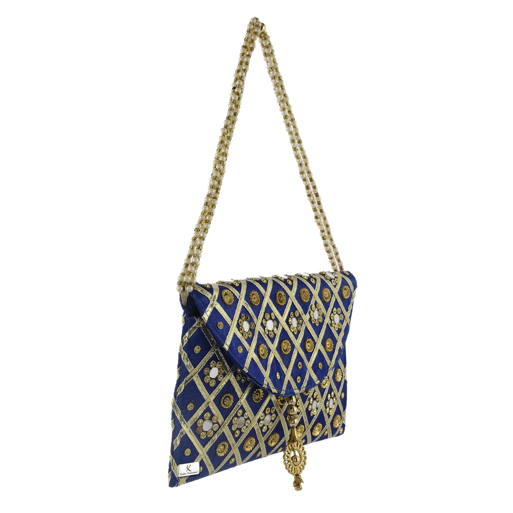 Kuber Industries 2 Pieces Silk Traditional Mirror Work Envelope Clutch/Hand Purse Bag For Women/Girls (Blue & Gold)-KUBMRT11469